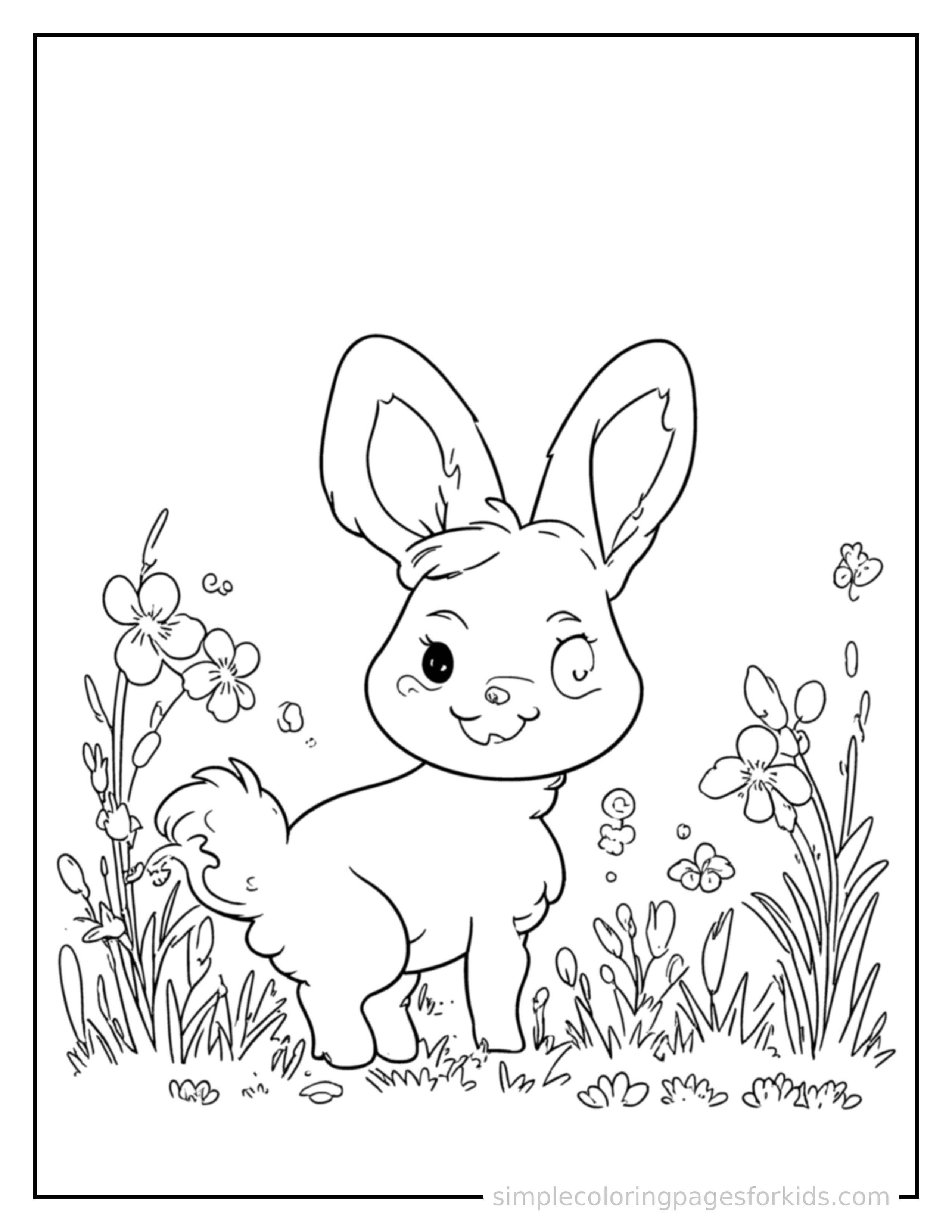 Free printable spring baby animals in a meadow coloring page featuring a cute spring baby animals in a meadow, shown with a smaller mini version of itself beside it.