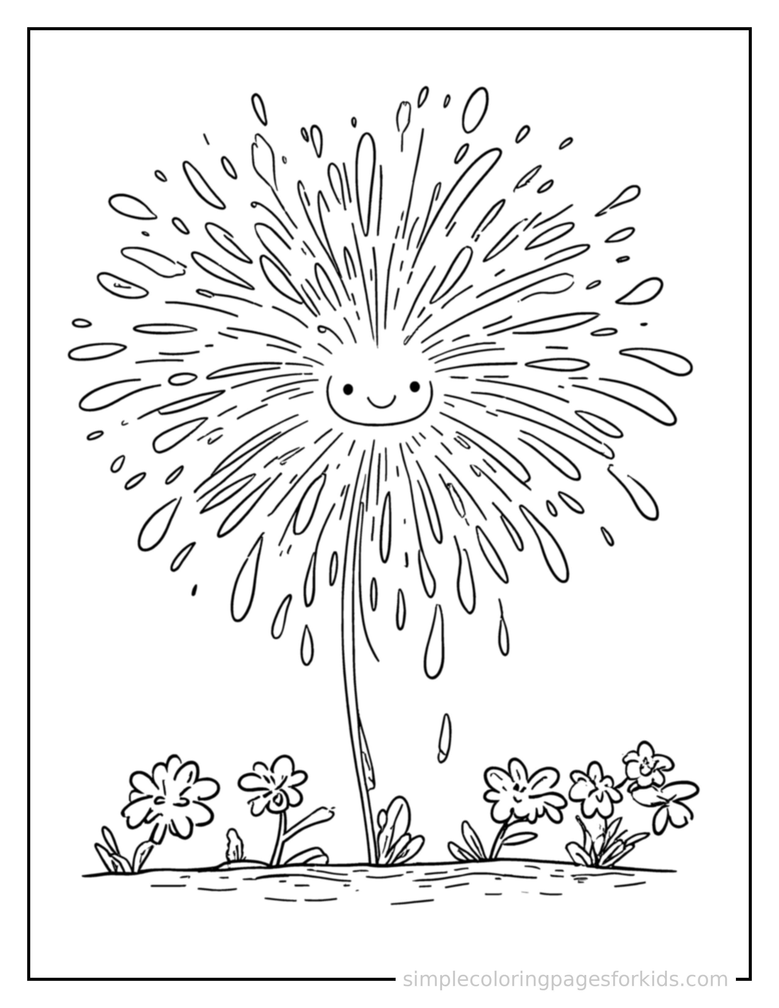 Free printable summer fireworks celebration coloring page featuring a cute summer fireworks celebration, shown as a simple central illustration with a cute smiling face.
