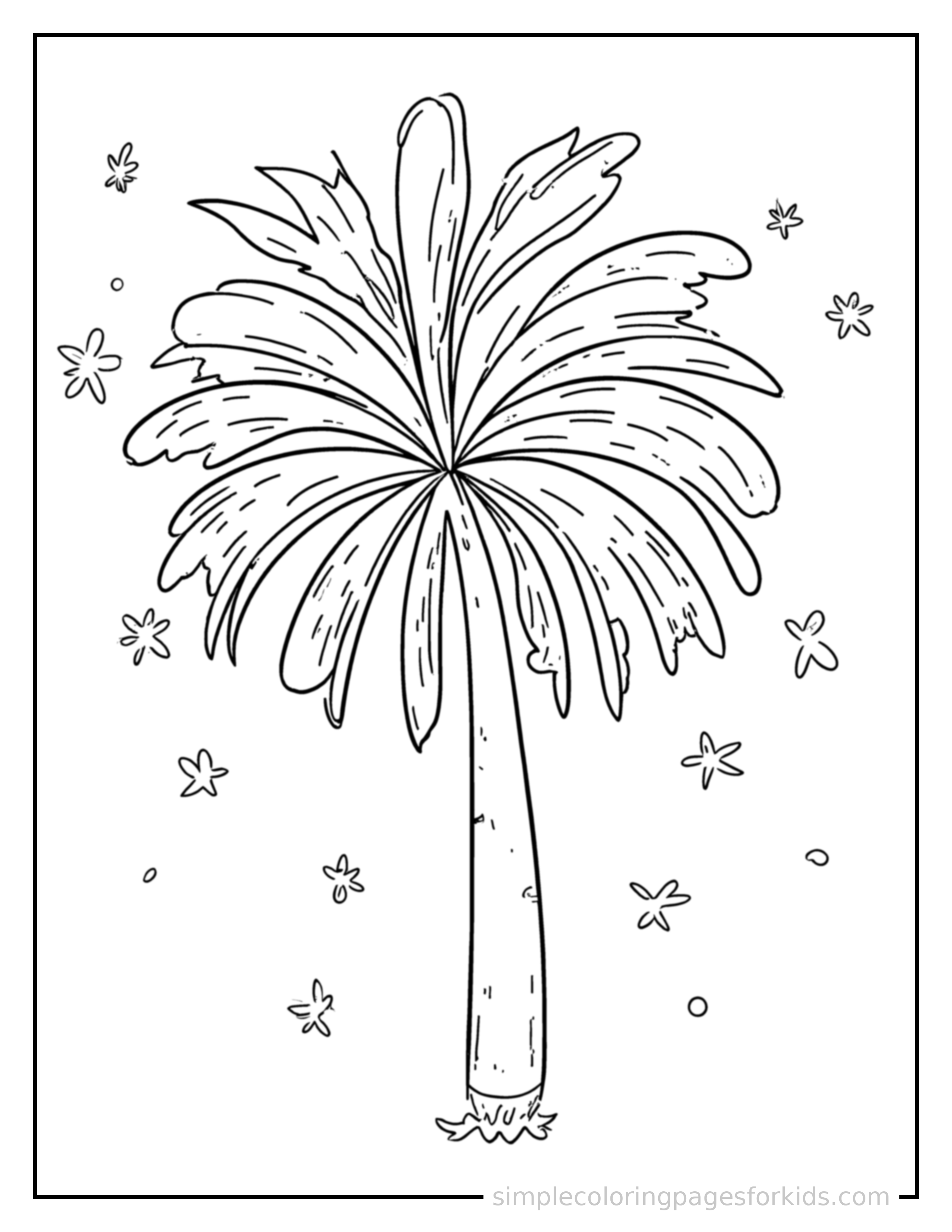 Free printable summer fireworks celebration coloring page featuring a cute summer fireworks celebration, shown from a slightly different angle with small decorative sparkle marks nearby.