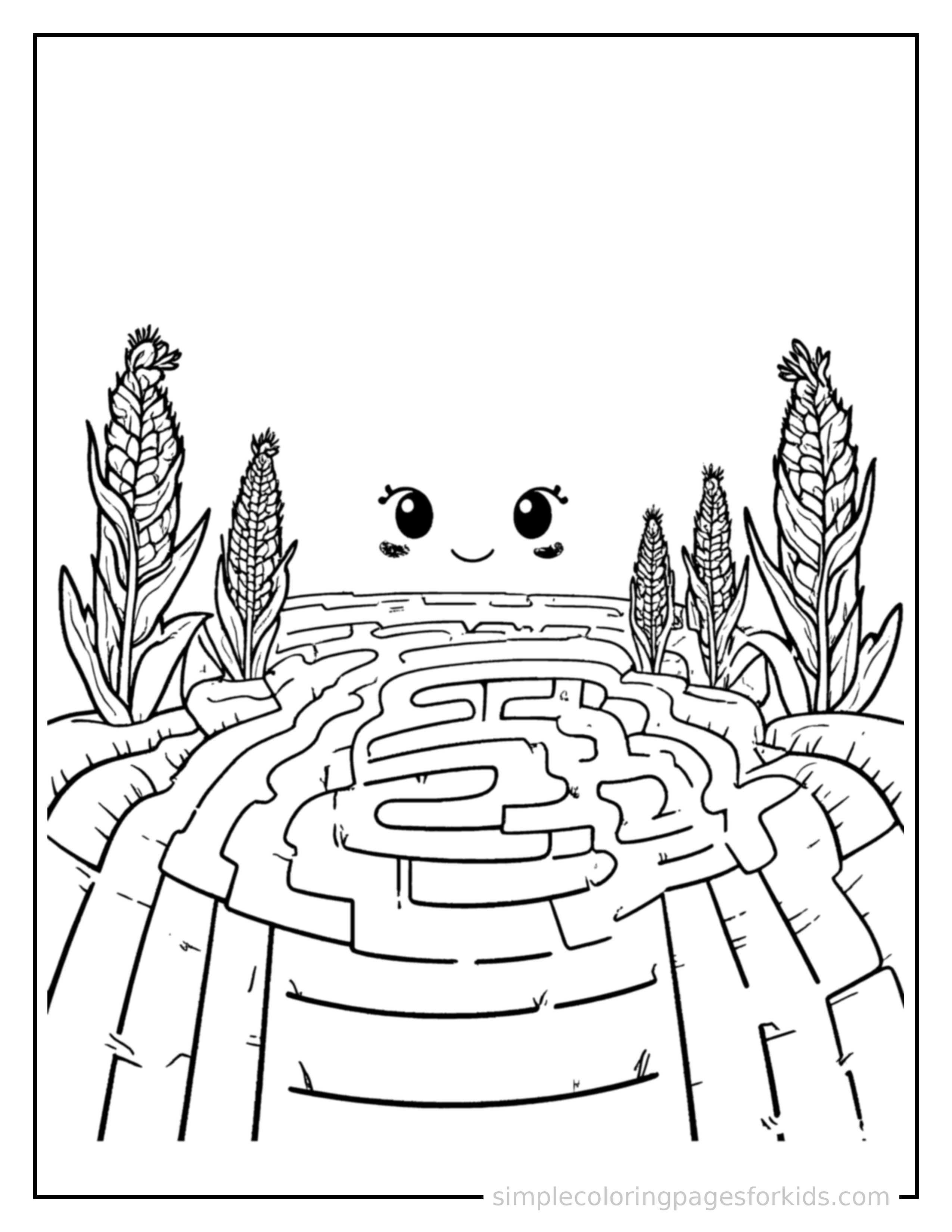 Free printable autumn corn maze scene coloring page featuring a cute autumn corn maze scene, shown as a simple central illustration with a cute smiling face.