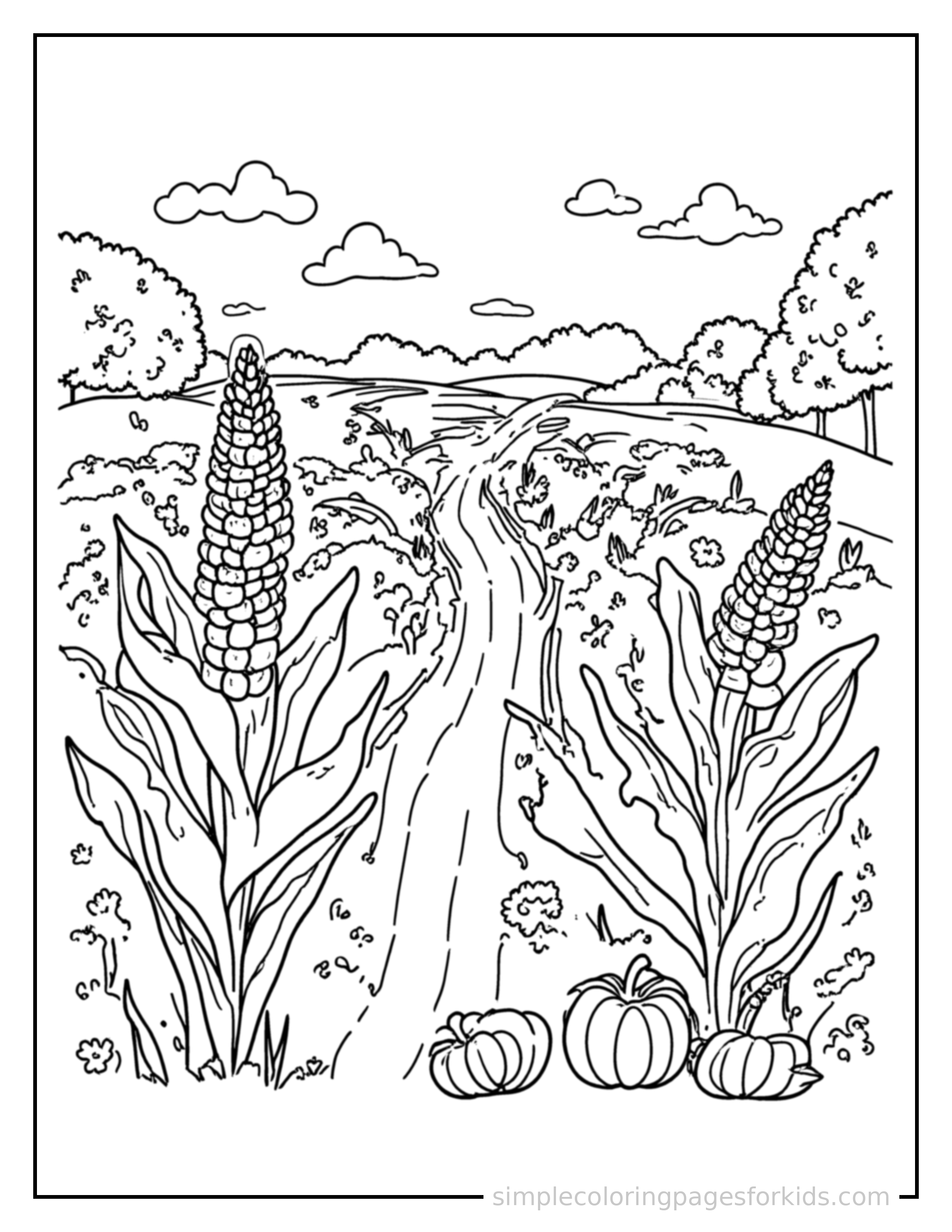 Free printable autumn corn maze scene coloring page featuring a cute autumn corn maze scene, shown from a slightly different angle with small decorative sparkle marks nearby.