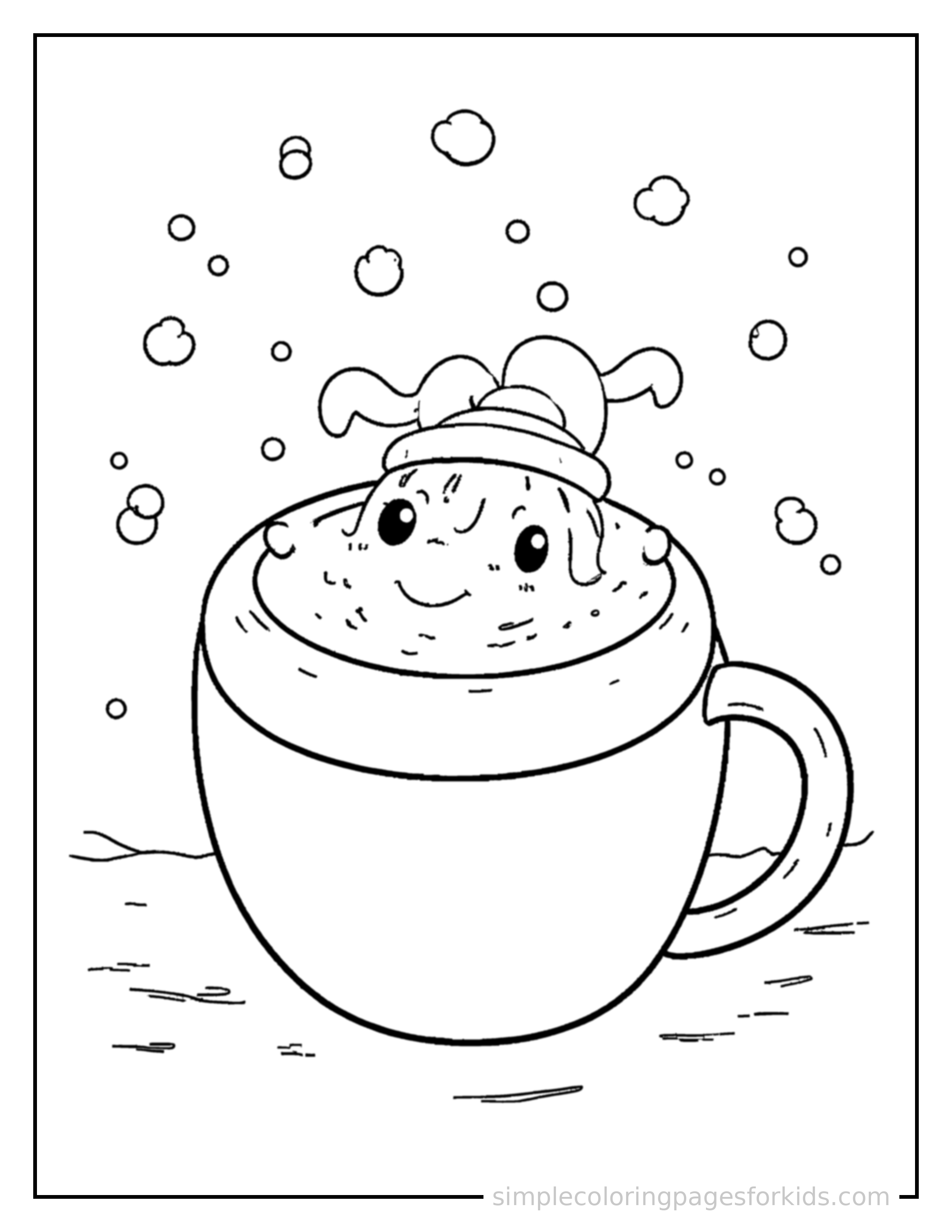 Free printable winter hot chocolate mug scene coloring page featuring a cute winter hot chocolate mug scene, shown as a simple central illustration with a cute smiling face.