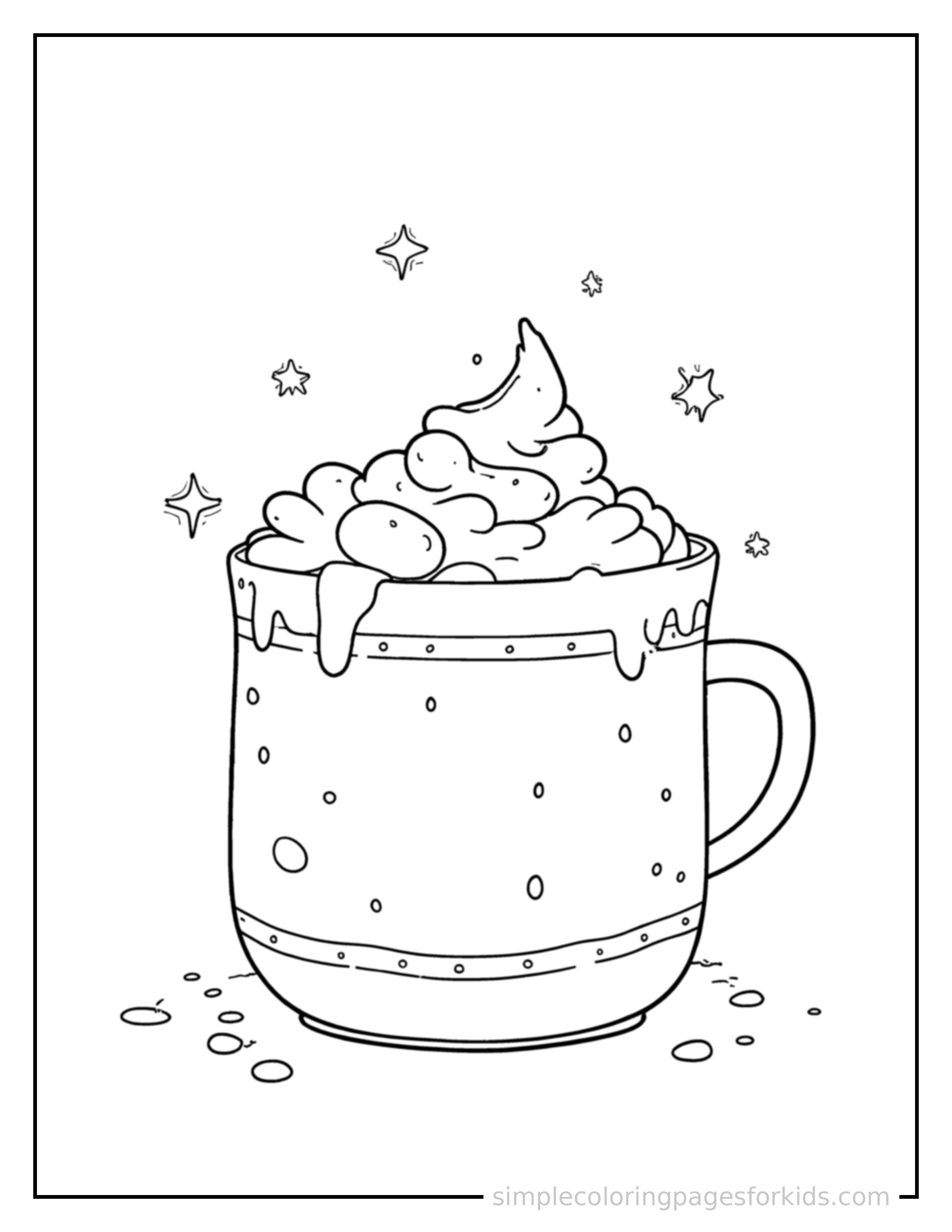 Free printable winter hot chocolate mug scene coloring page featuring a cute winter hot chocolate mug scene, shown from a slightly different angle with small decorative sparkle marks nearby.
