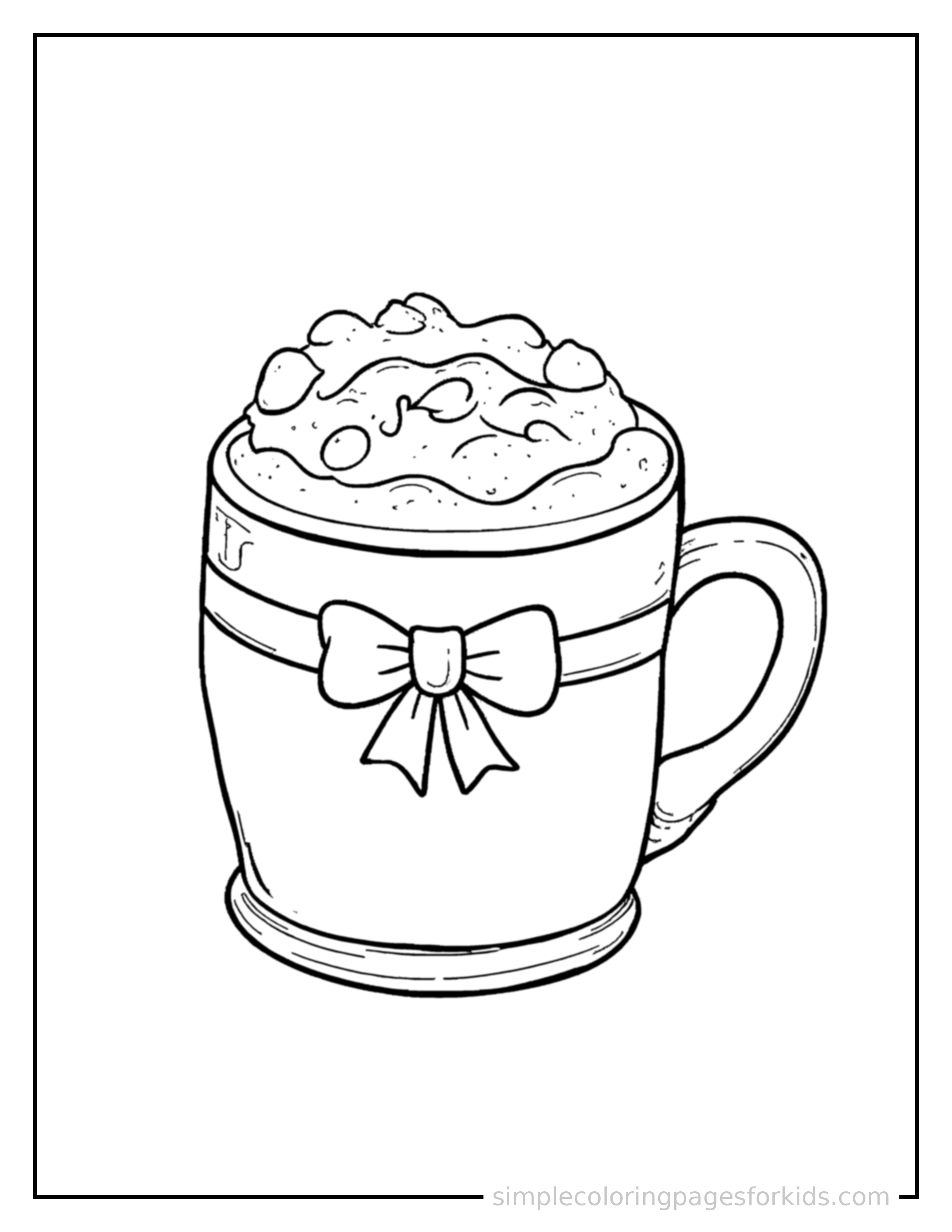 Free printable winter hot chocolate mug scene coloring page featuring a cute winter hot chocolate mug scene, decorated with a simple bow or ribbon for a festive touch.
