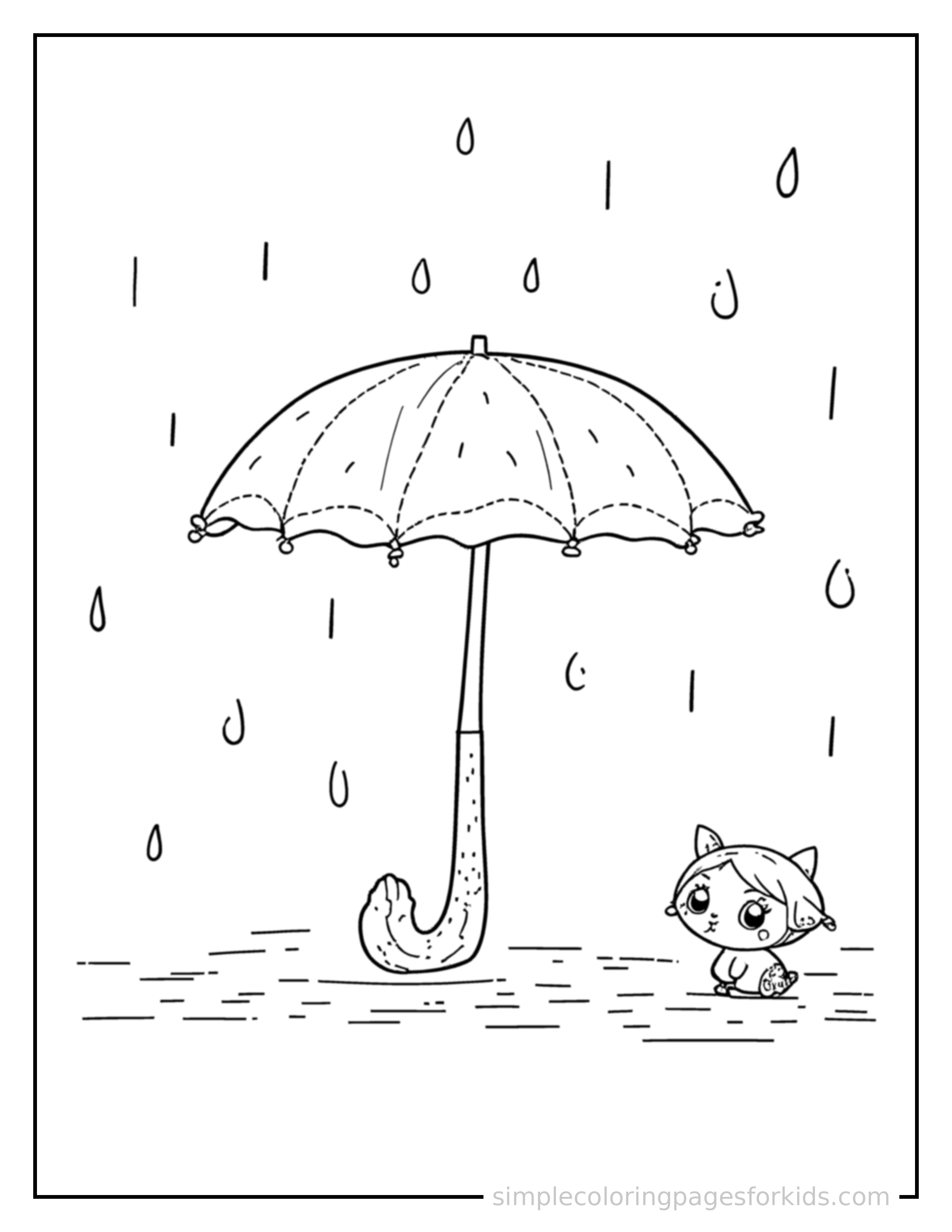 Free printable spring umbrella in the rain coloring page featuring a cute spring umbrella in the rain, shown with a smaller mini version of itself beside it.