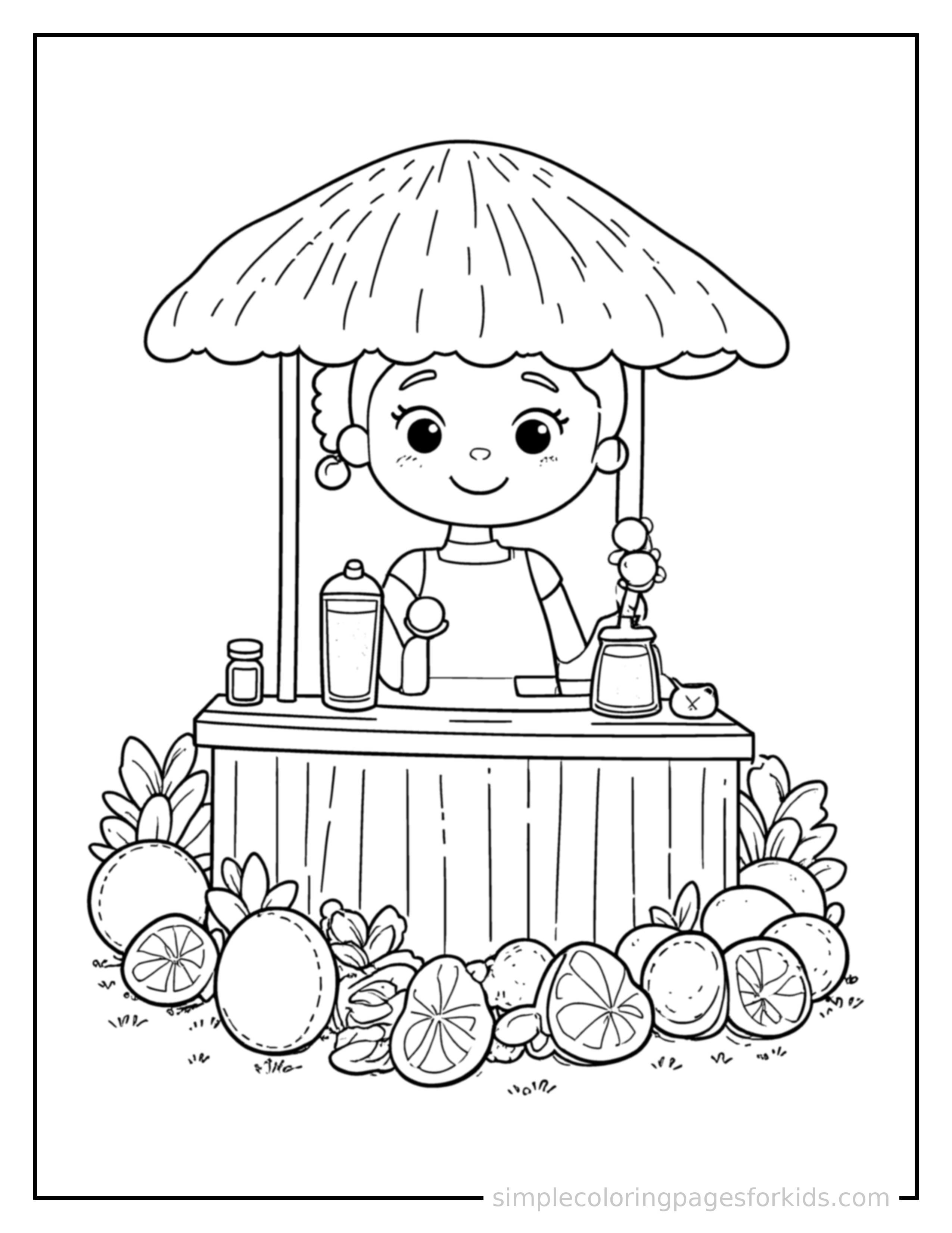 Free printable summer lemonade stand scene coloring page featuring a cute summer lemonade stand scene, shown as a simple central illustration with a cute smiling face.