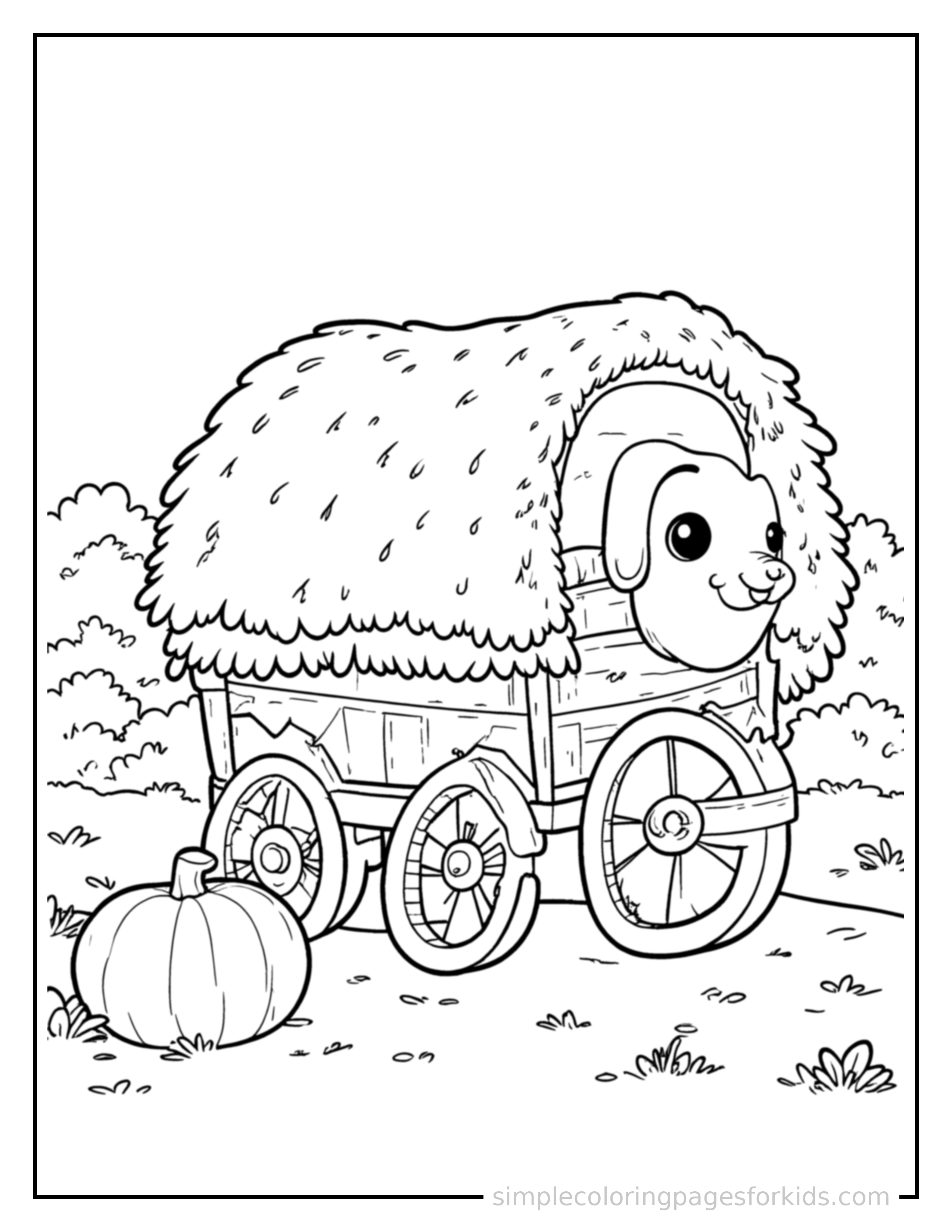 Free printable autumn hayride wagon scene coloring page featuring a cute autumn hayride wagon scene, shown as a simple central illustration with a cute smiling face.