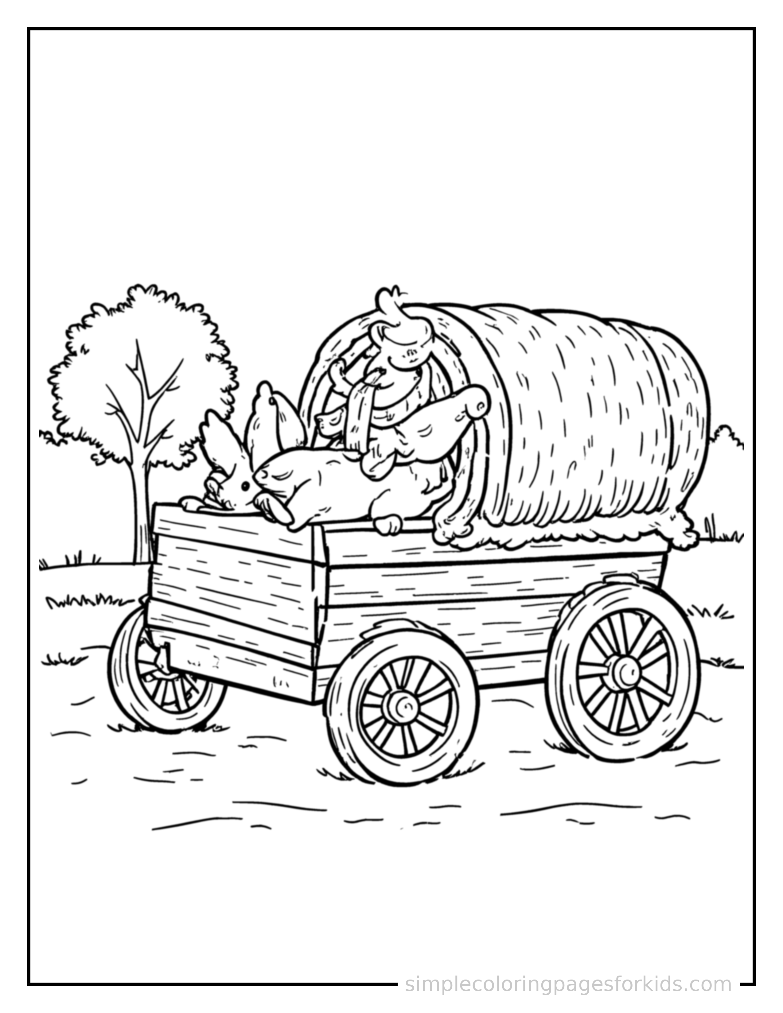 Free printable autumn hayride wagon scene coloring page featuring a cute autumn hayride wagon scene, shown from a slightly different angle with small decorative sparkle marks nearby.