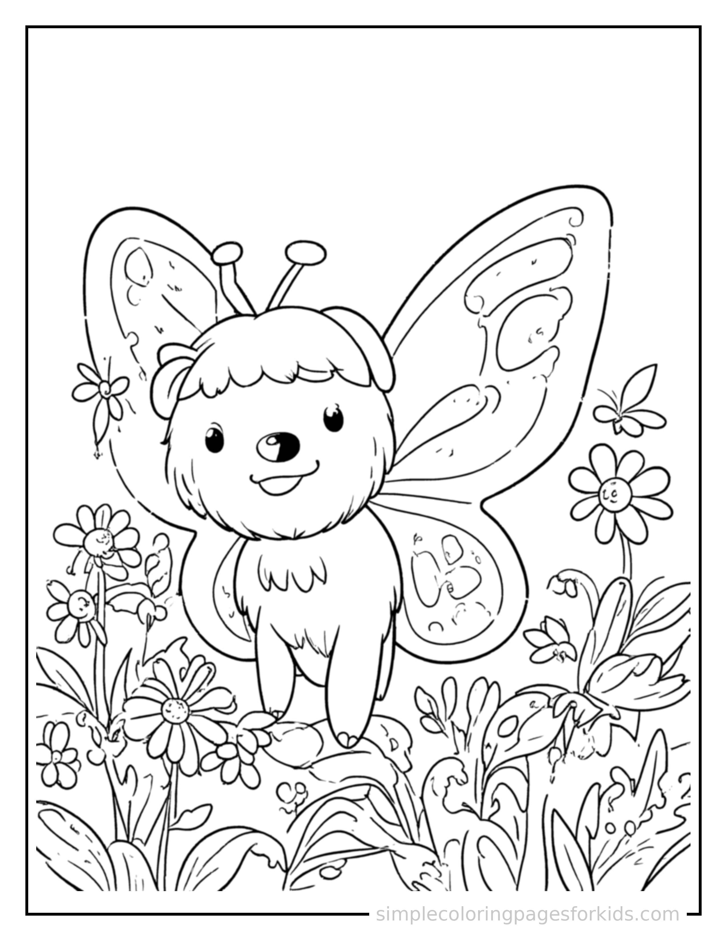 Free printable spring butterfly garden scene coloring page featuring a cute spring butterfly garden scene, shown as a simple central illustration with a cute smiling face.