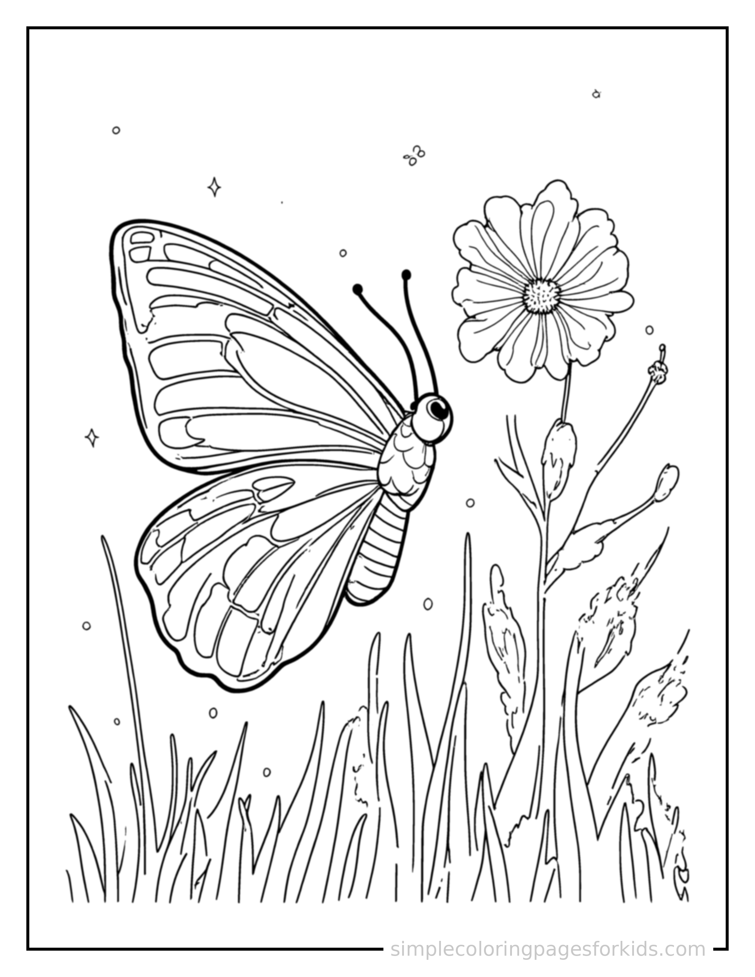 Free printable spring butterfly garden scene coloring page featuring a cute spring butterfly garden scene, shown from a slightly different angle with small decorative sparkle marks nearby.