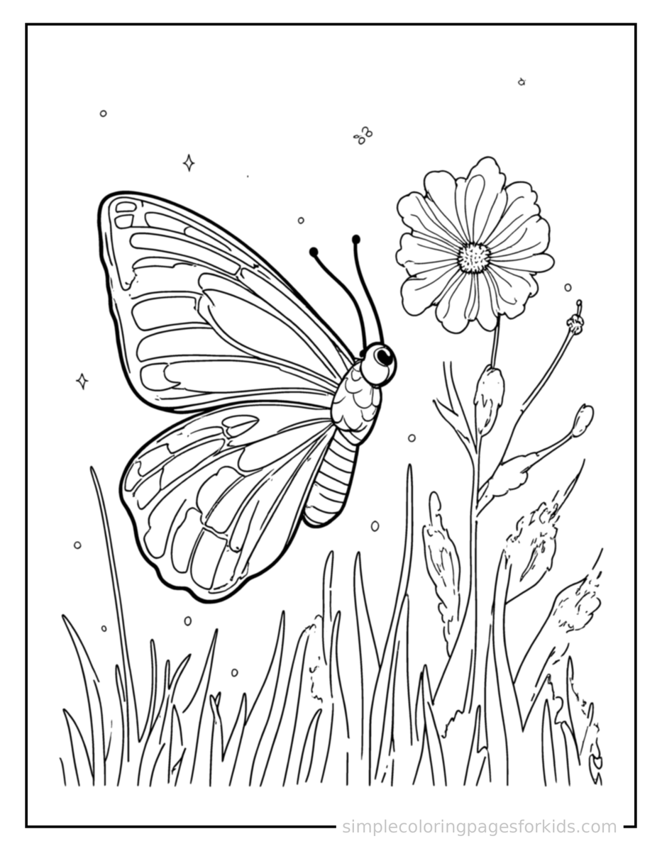 Sparkling Spring Butterfly Garden Scene Coloring Page