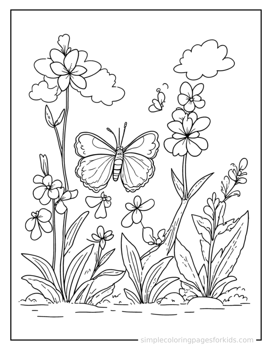 Coloring Scene 3 Spring Butterfly Garden Scene Coloring Page