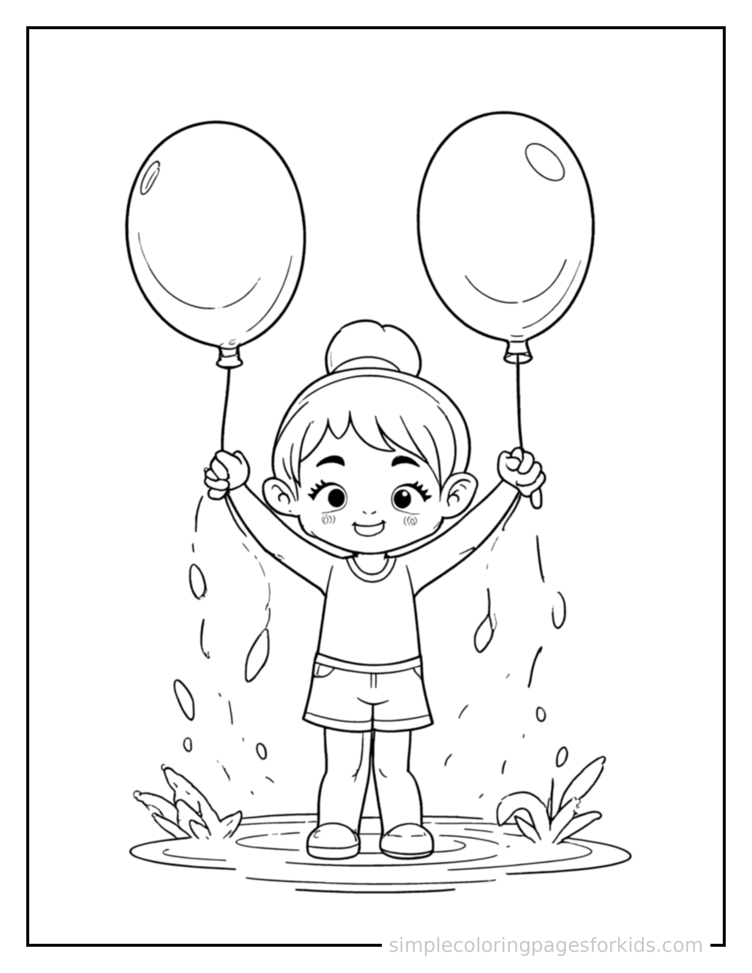 Free printable summer water balloon fight coloring page featuring a cute summer water balloon fight, shown as a simple central illustration with a cute smiling face.