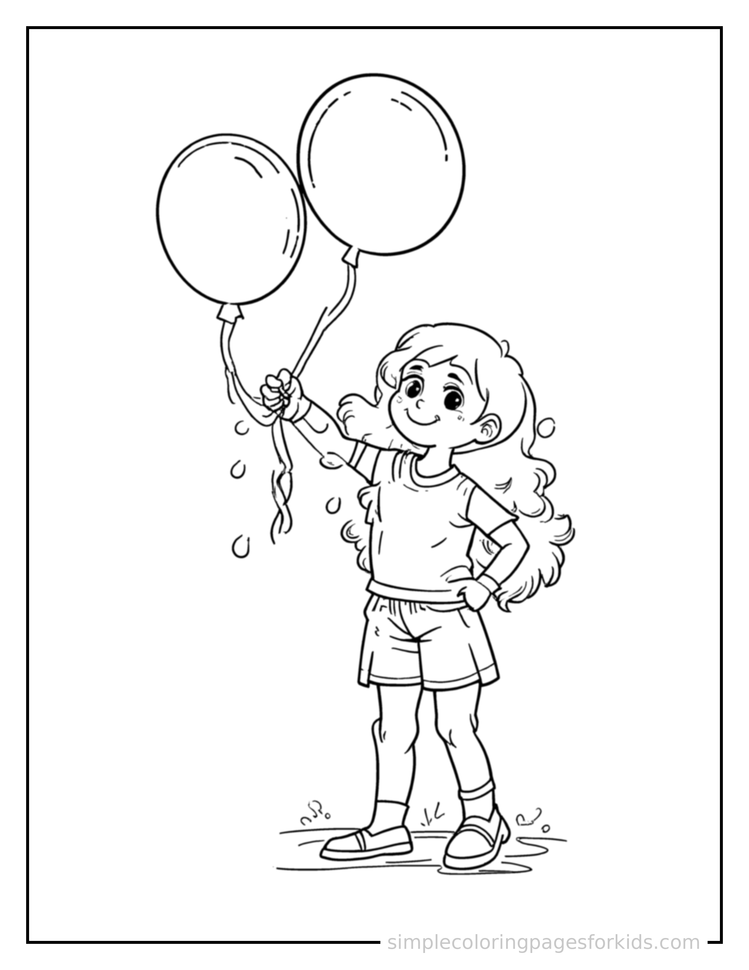 Free printable summer water balloon fight coloring page featuring a cute summer water balloon fight, decorated with a simple bow or ribbon for a festive touch.