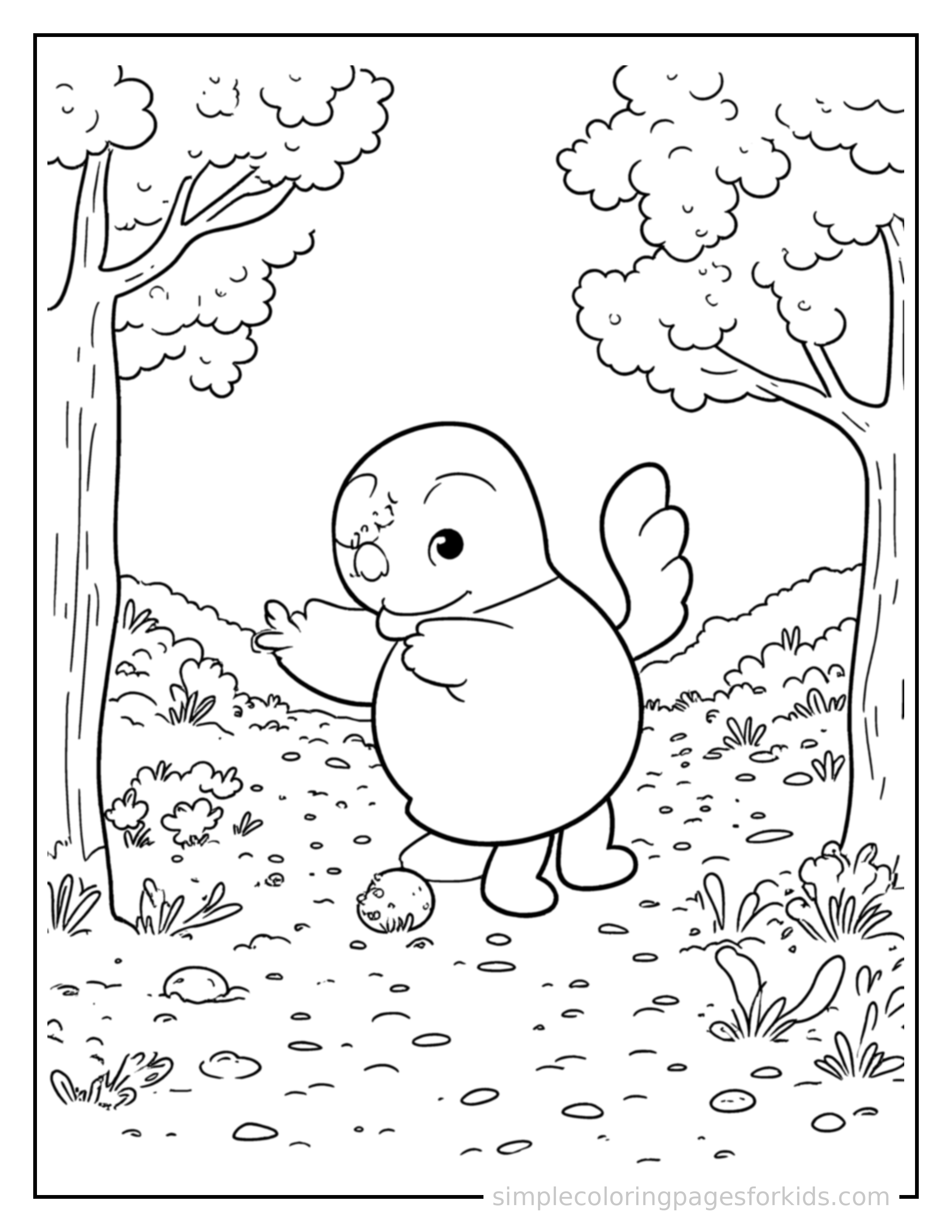 Free printable autumn nature walk scene coloring page featuring a cute autumn nature walk scene, shown as a simple central illustration with a cute smiling face.