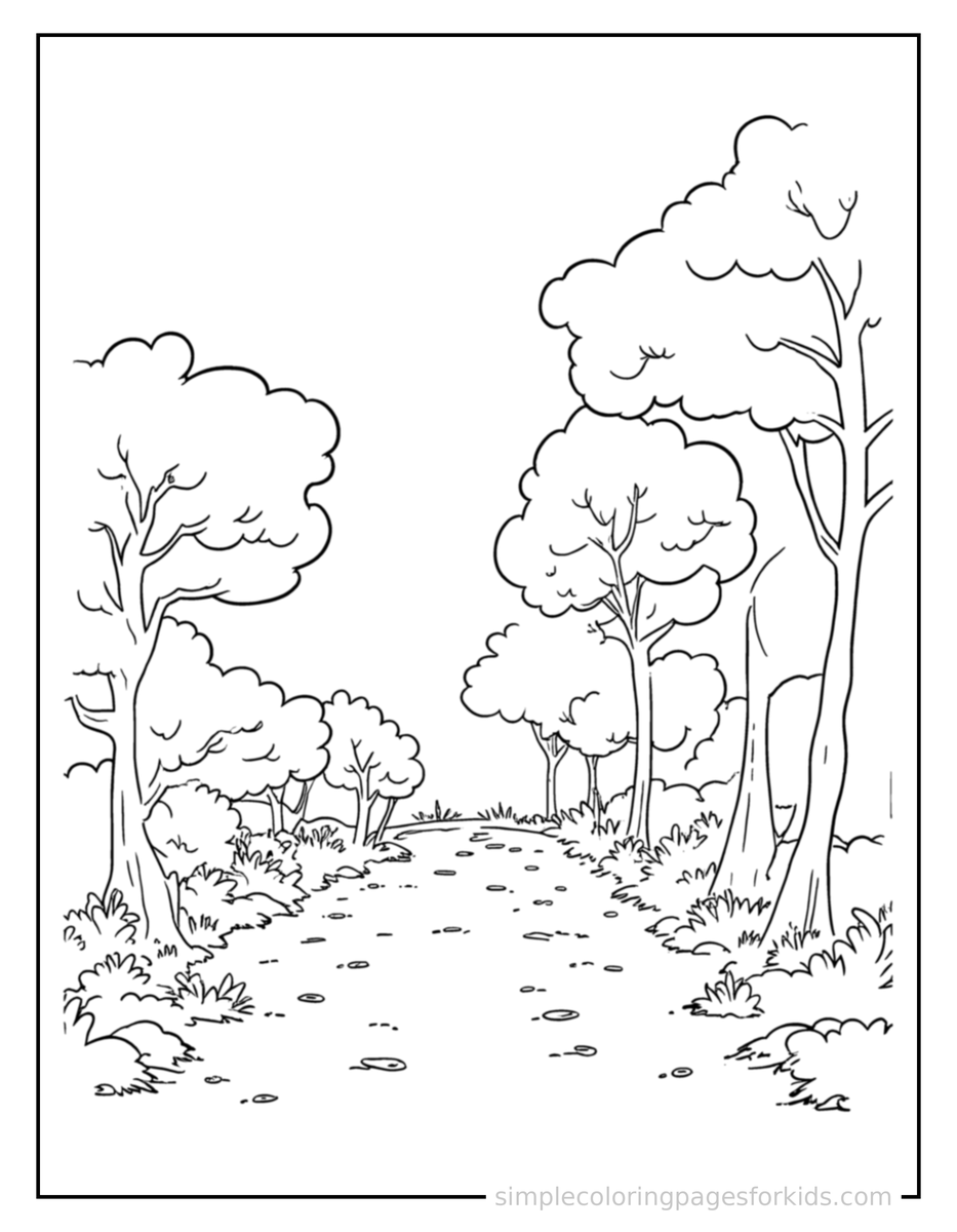 Sparkling Autumn Nature Walk Scene Coloring Page