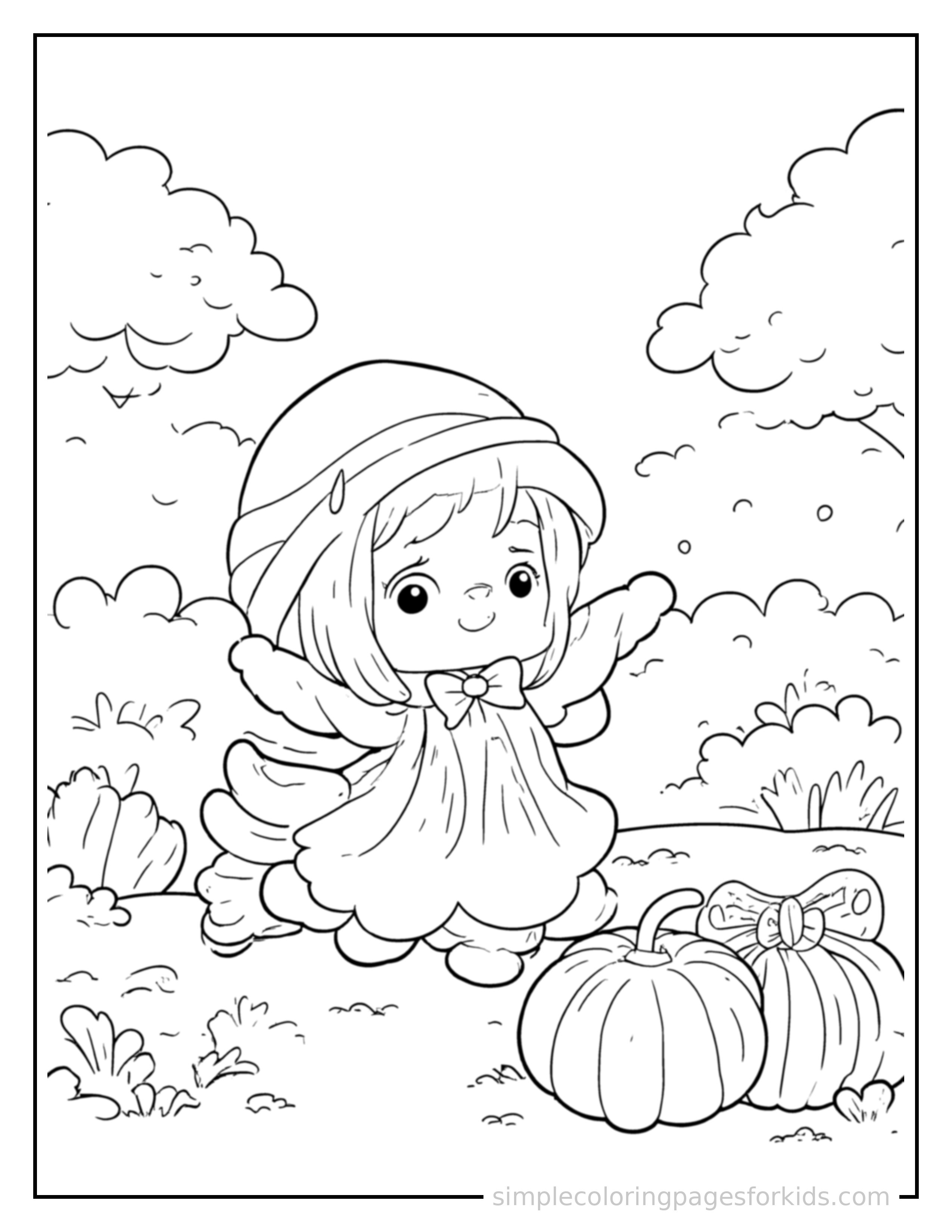 Free printable autumn nature walk scene coloring page featuring a cute autumn nature walk scene, decorated with a simple bow or ribbon for a festive touch.