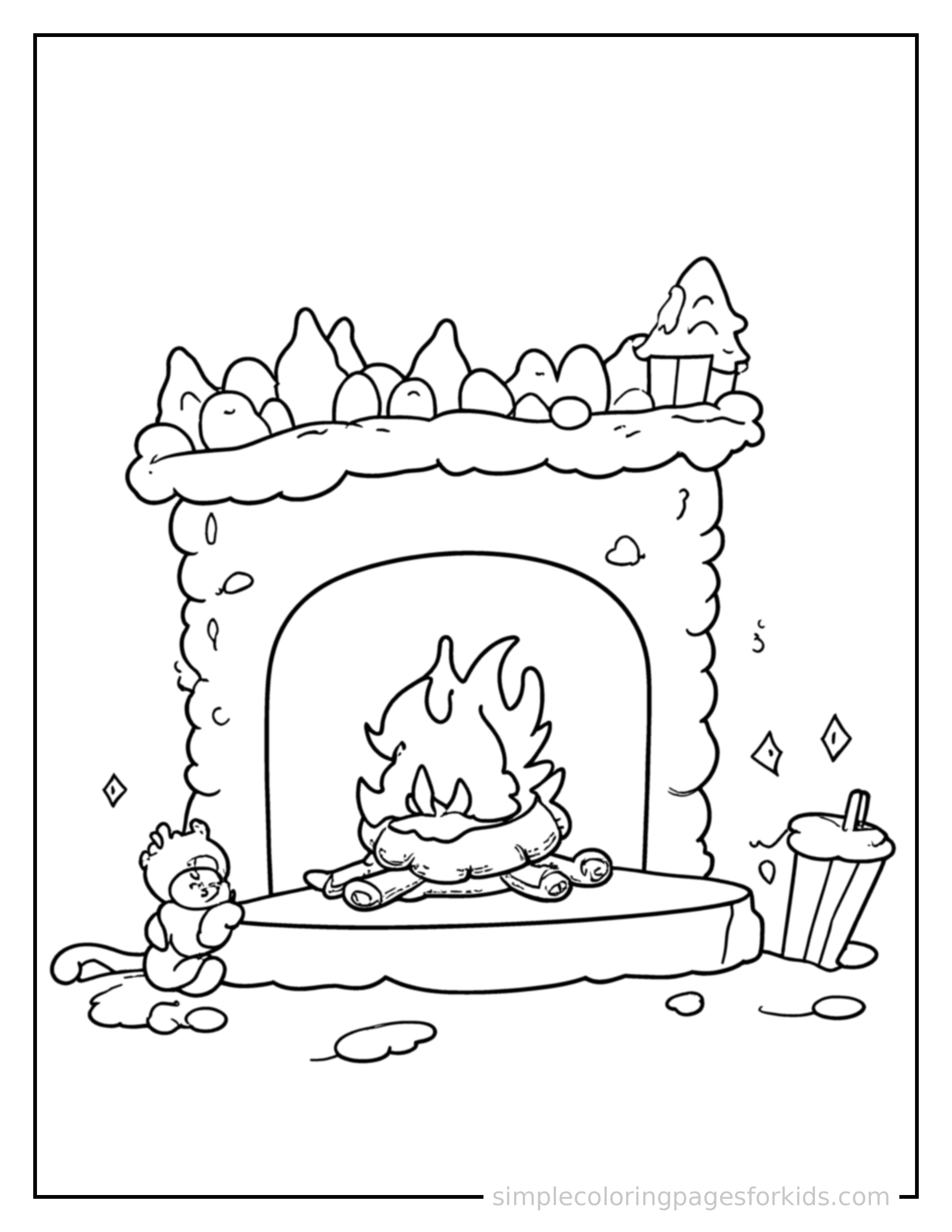 Free printable winter cozy fireplace scene coloring page featuring a cute winter cozy fireplace scene, shown from a slightly different angle with small decorative sparkle marks nearby.