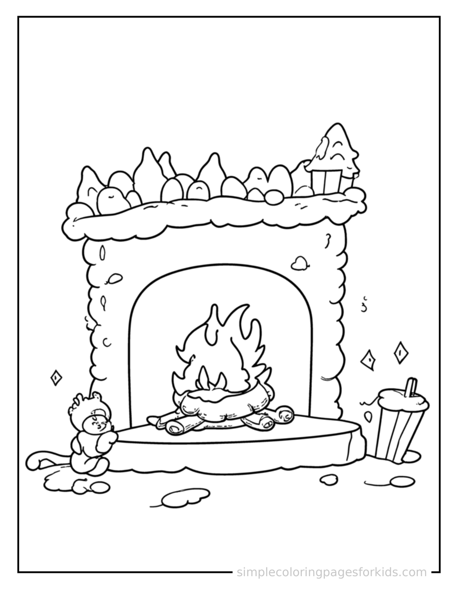 Sparkling Winter Cozy Fireplace Scene Coloring Page