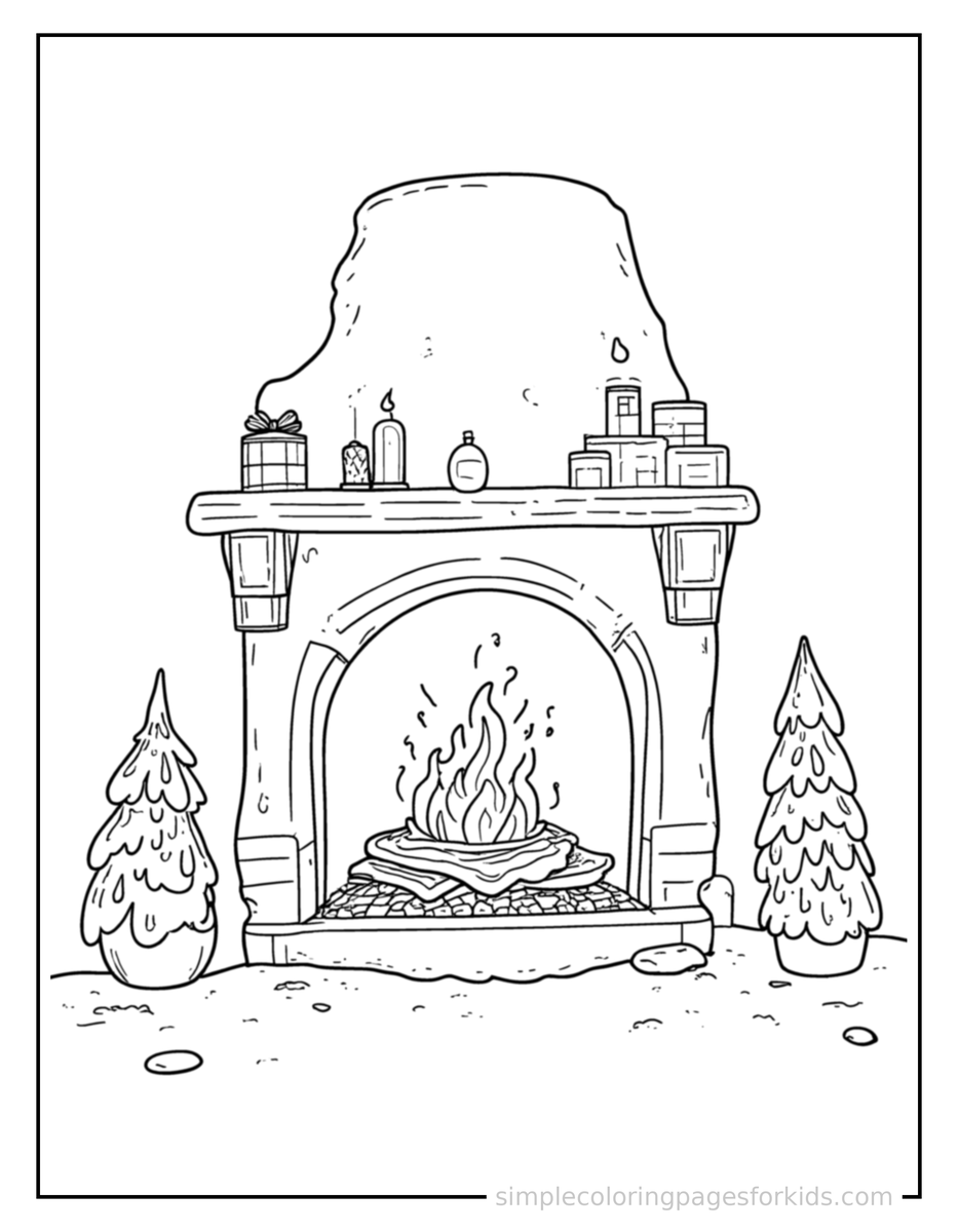Coloring Scene 3 Winter Cozy Fireplace Scene Coloring Page