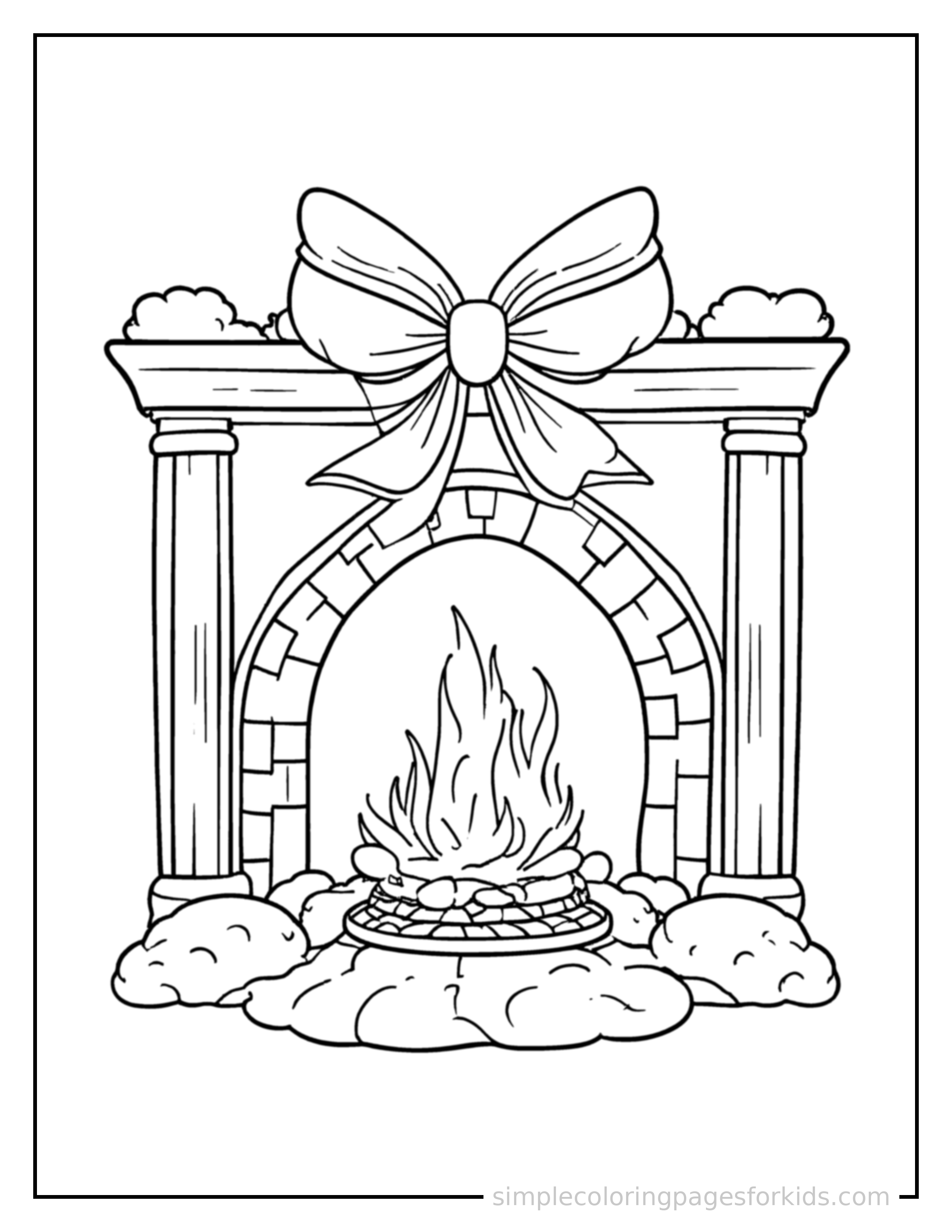 Free printable winter cozy fireplace scene coloring page featuring a cute winter cozy fireplace scene, decorated with a simple bow or ribbon for a festive touch.
