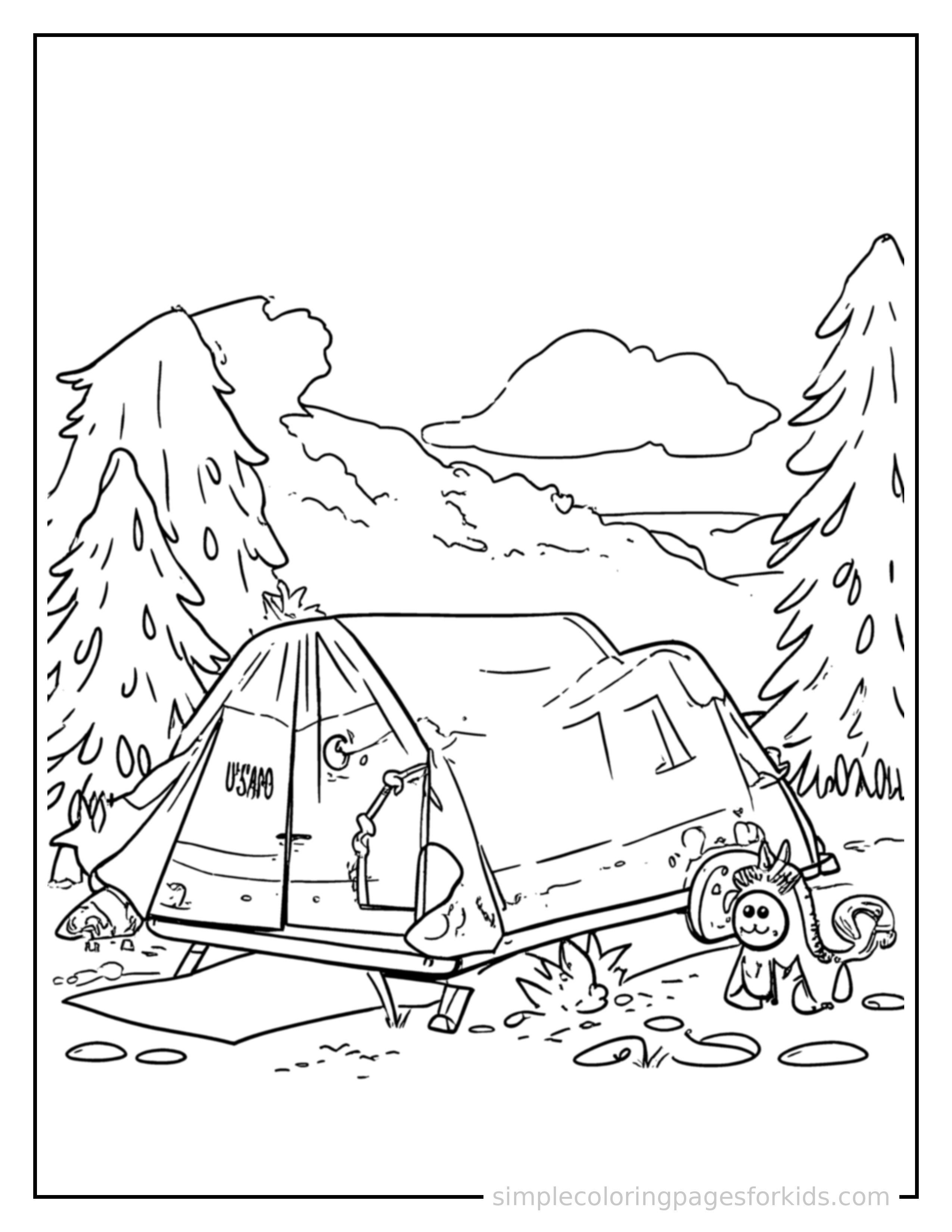 Free printable summer camping trip scene coloring page featuring a cute summer camping trip scene, shown as a simple central illustration with a cute smiling face.