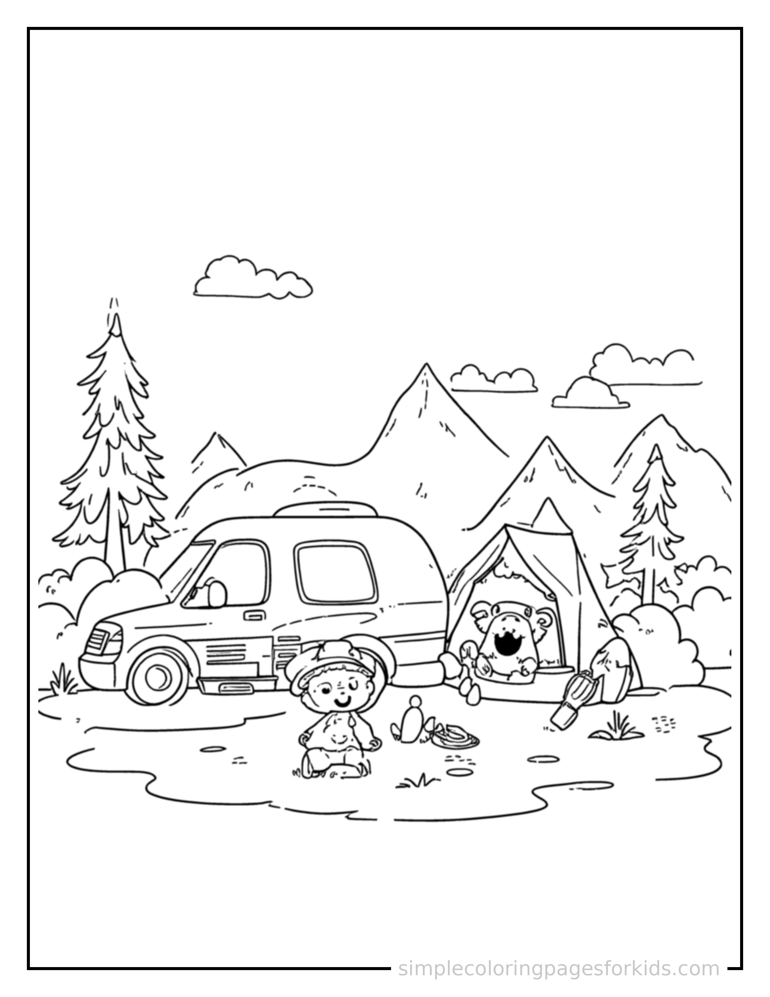 Free printable summer camping trip scene coloring page featuring a cute summer camping trip scene, shown with a smaller mini version of itself beside it.