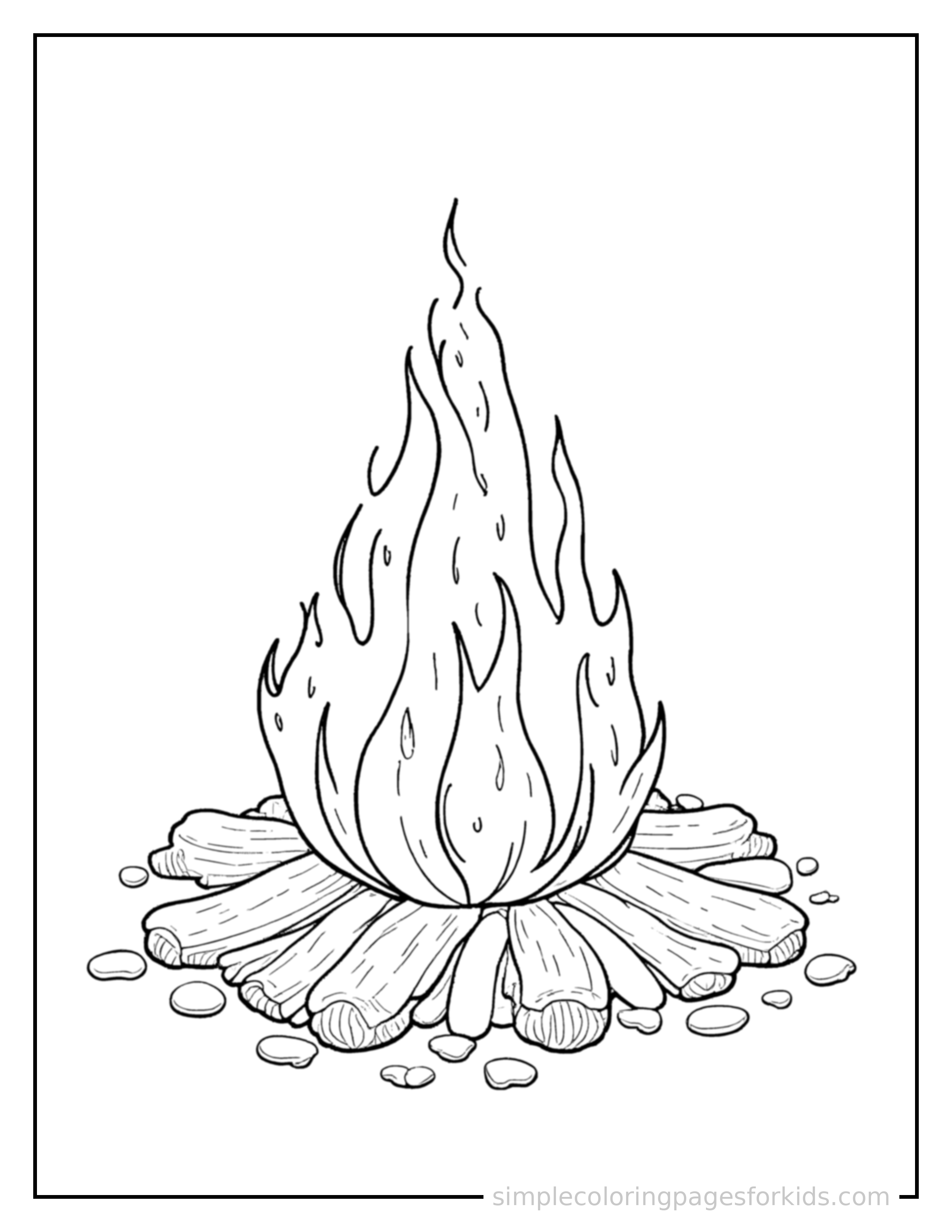 Free printable autumn bonfire with marshmallows coloring page featuring a cute autumn bonfire with marshmallows, shown as a simple central illustration with a cute smiling face.