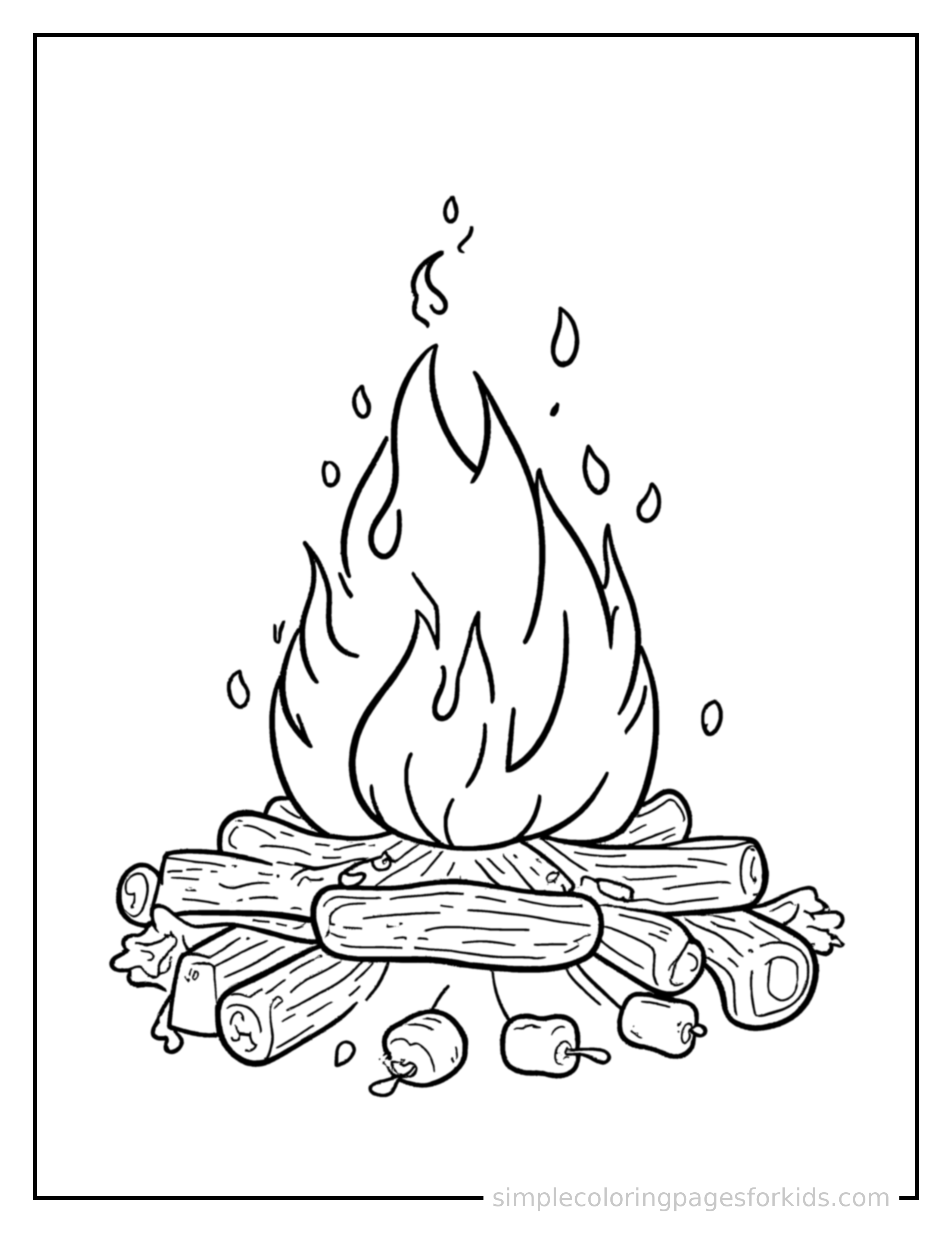 Free printable autumn bonfire with marshmallows coloring page featuring a cute autumn bonfire with marshmallows, shown from a slightly different angle with small decorative sparkle marks nearby.