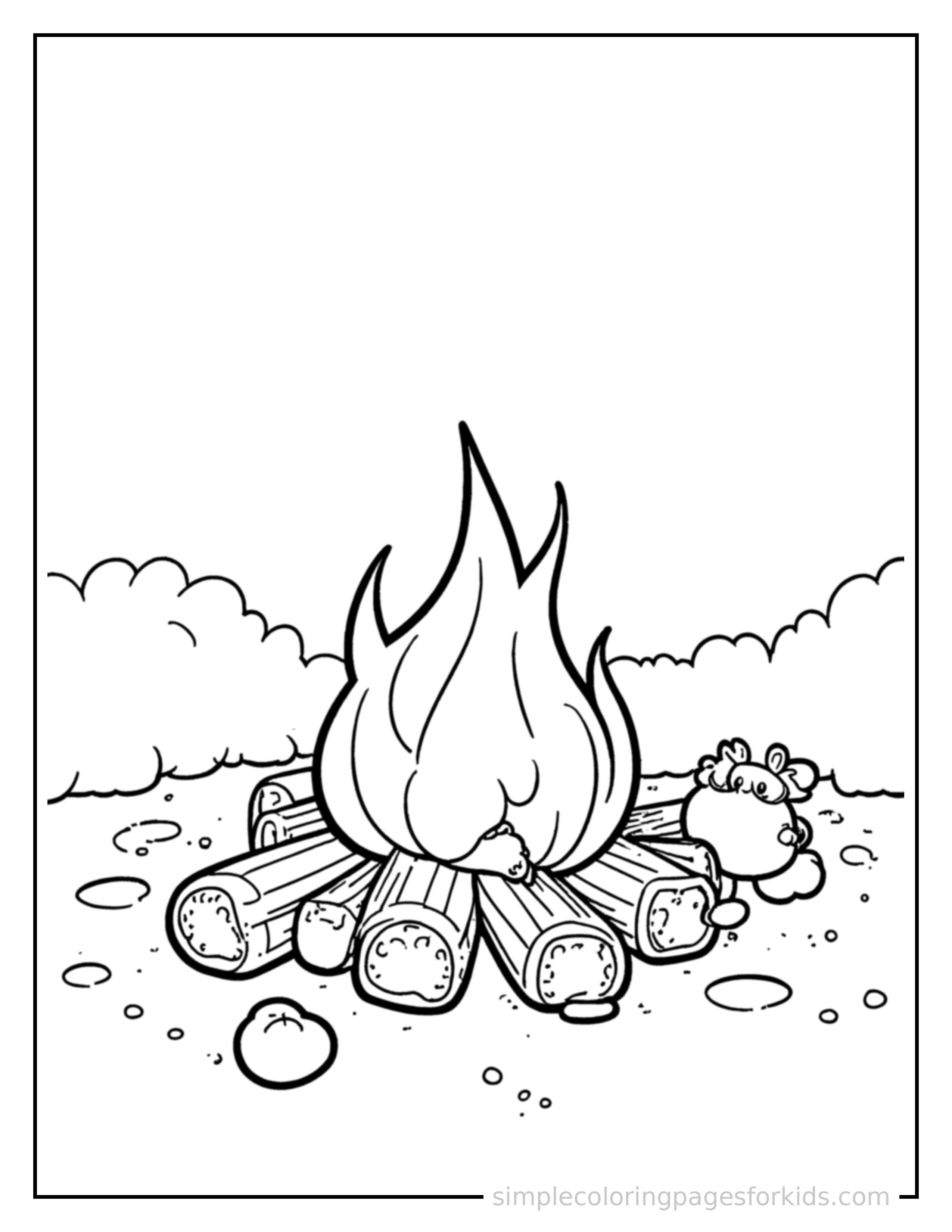 Free printable autumn bonfire with marshmallows coloring page featuring a cute autumn bonfire with marshmallows, shown with a smaller mini version of itself beside it.