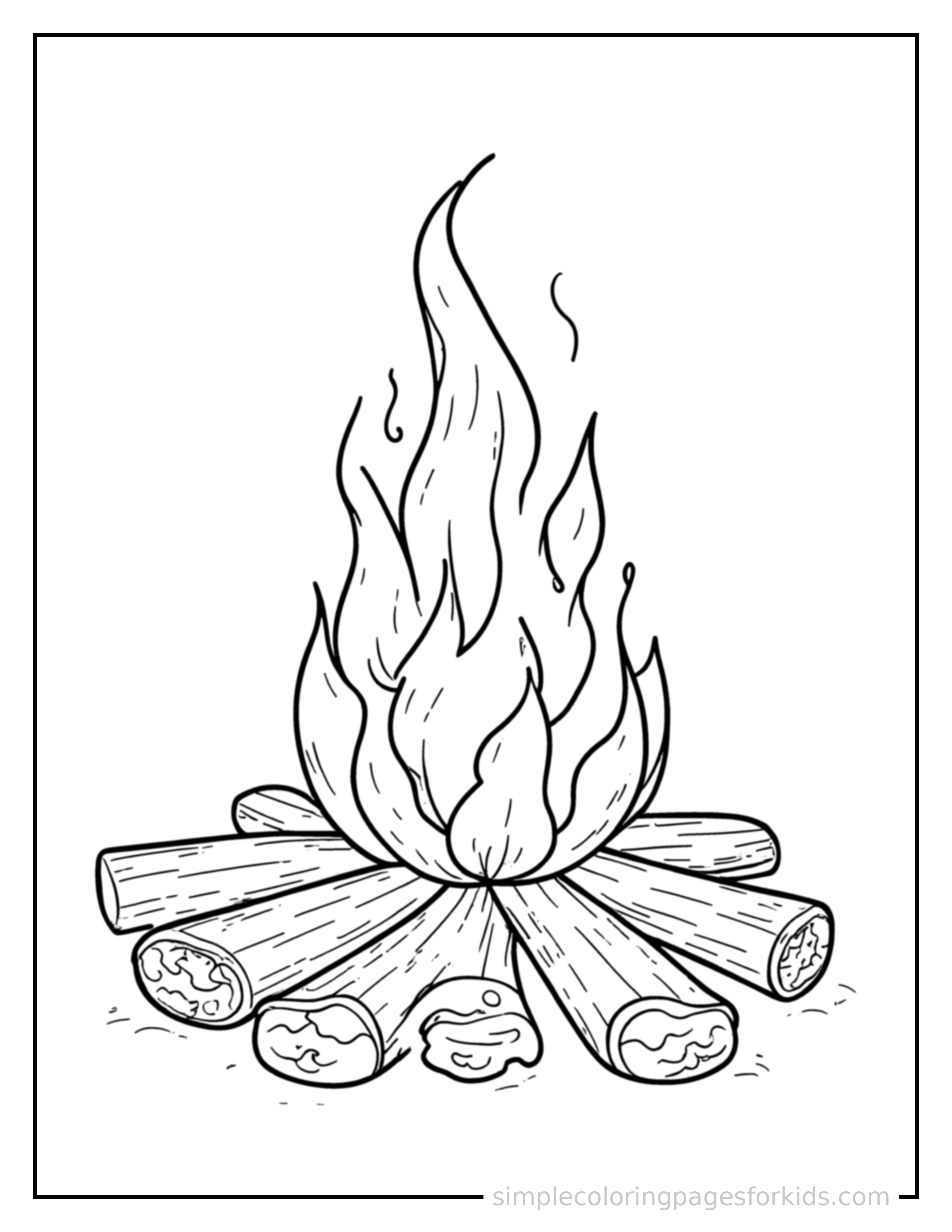 Free printable autumn bonfire with marshmallows coloring page featuring a cute autumn bonfire with marshmallows, decorated with a simple bow or ribbon for a festive touch.