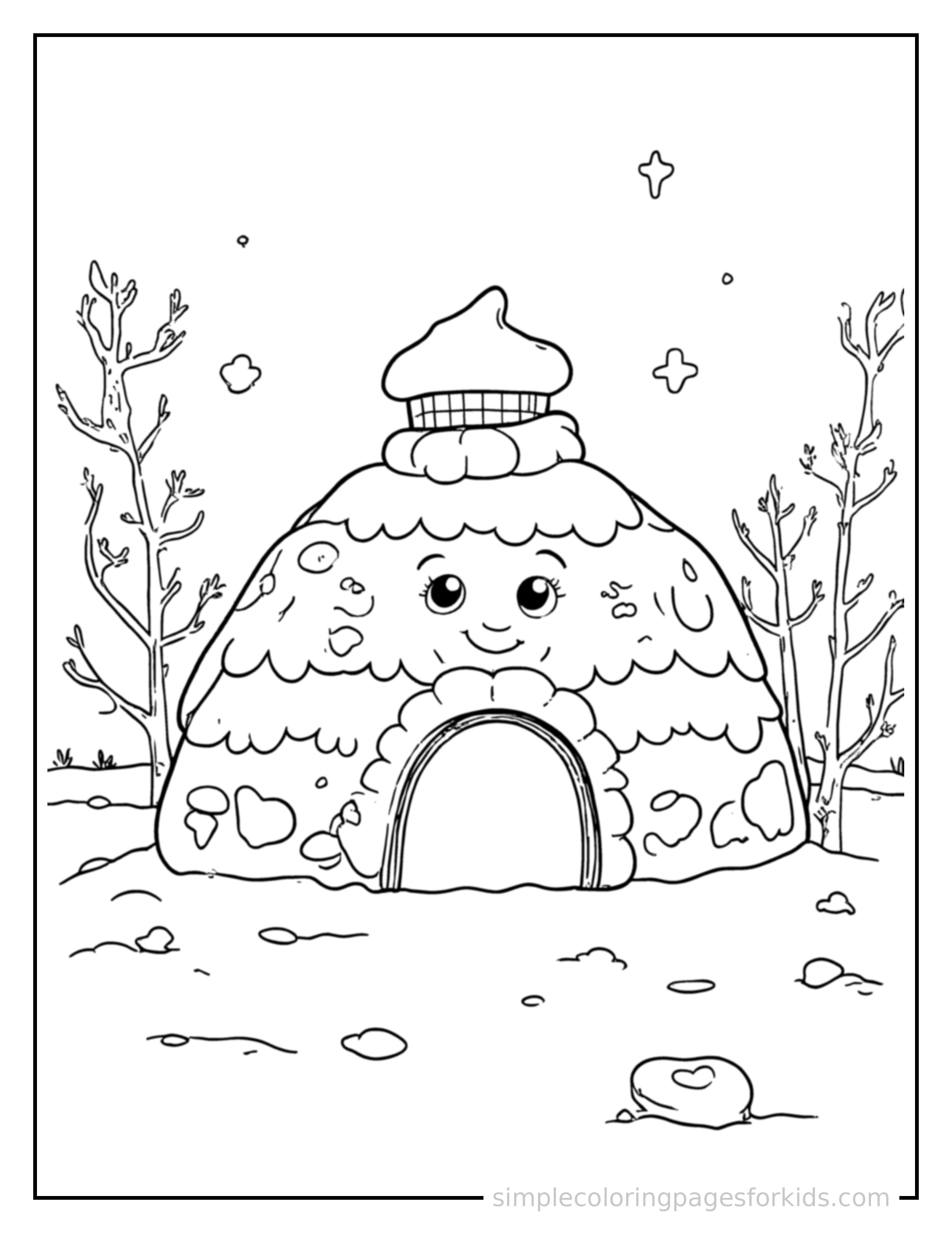 Free printable winter snow fort scene coloring page featuring a cute winter snow fort scene, shown as a simple central illustration with a cute smiling face.