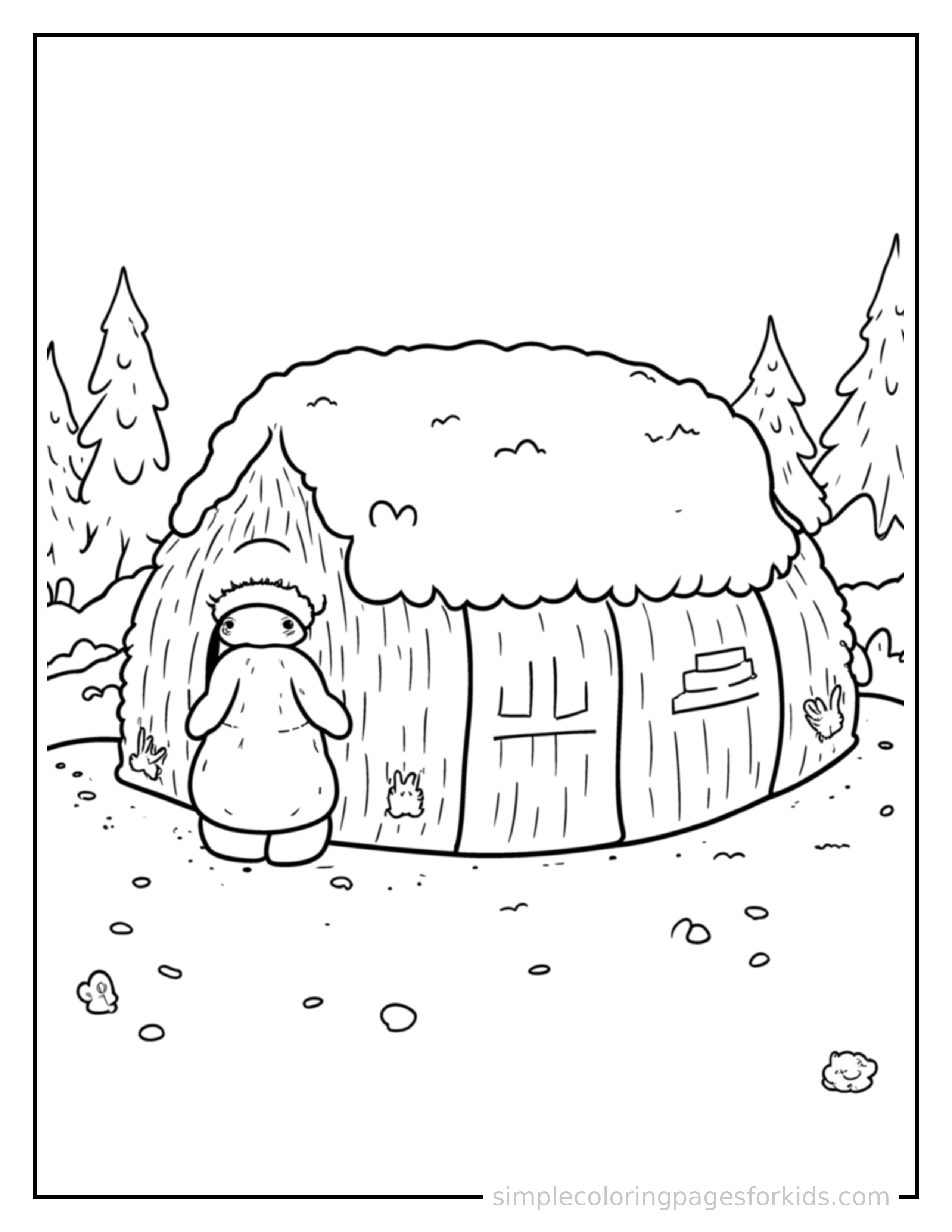 Free printable winter snow fort scene coloring page featuring a cute winter snow fort scene, shown from a slightly different angle with small decorative sparkle marks nearby.