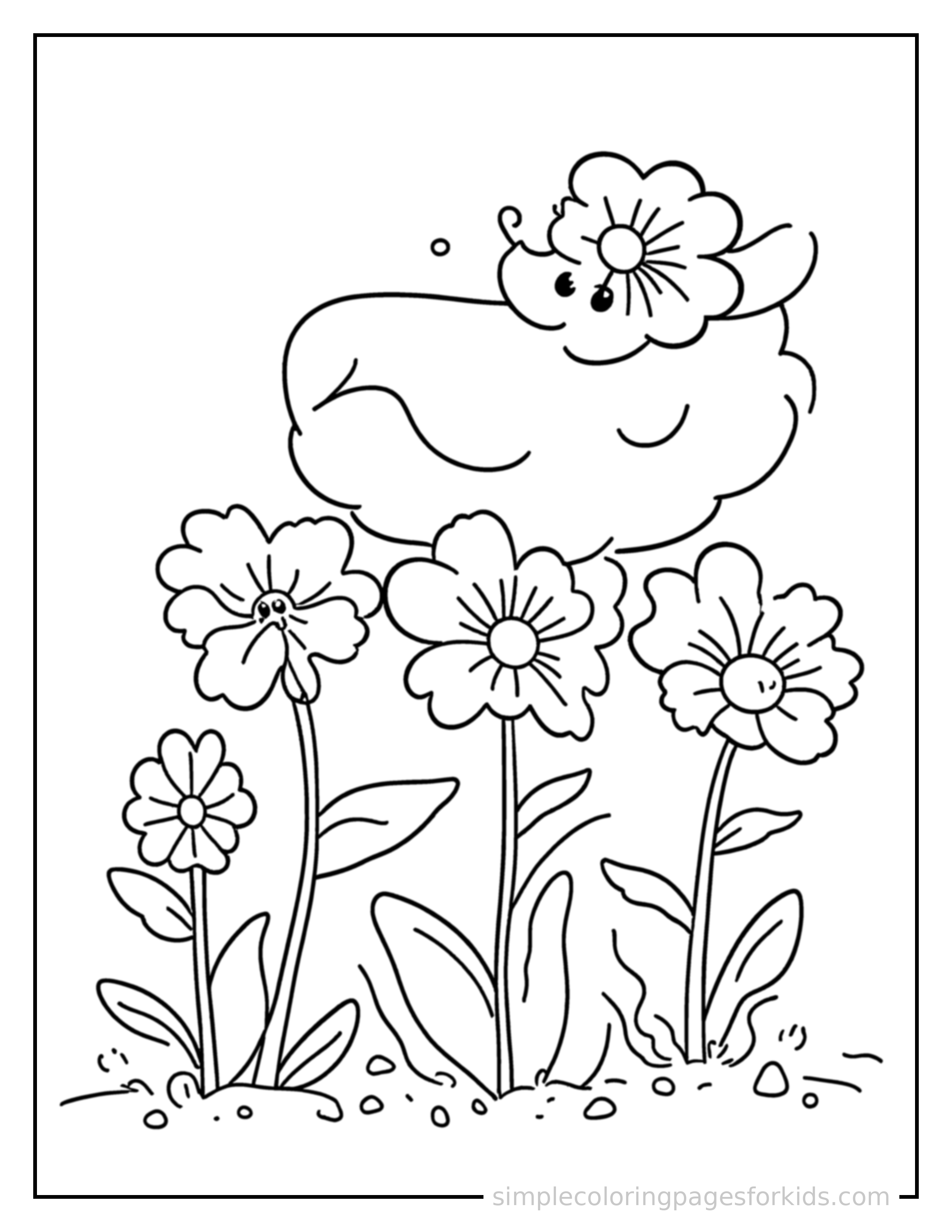 Free printable spring flower planting scene coloring page featuring a cute spring flower planting scene, shown as a simple central illustration with a cute smiling face.