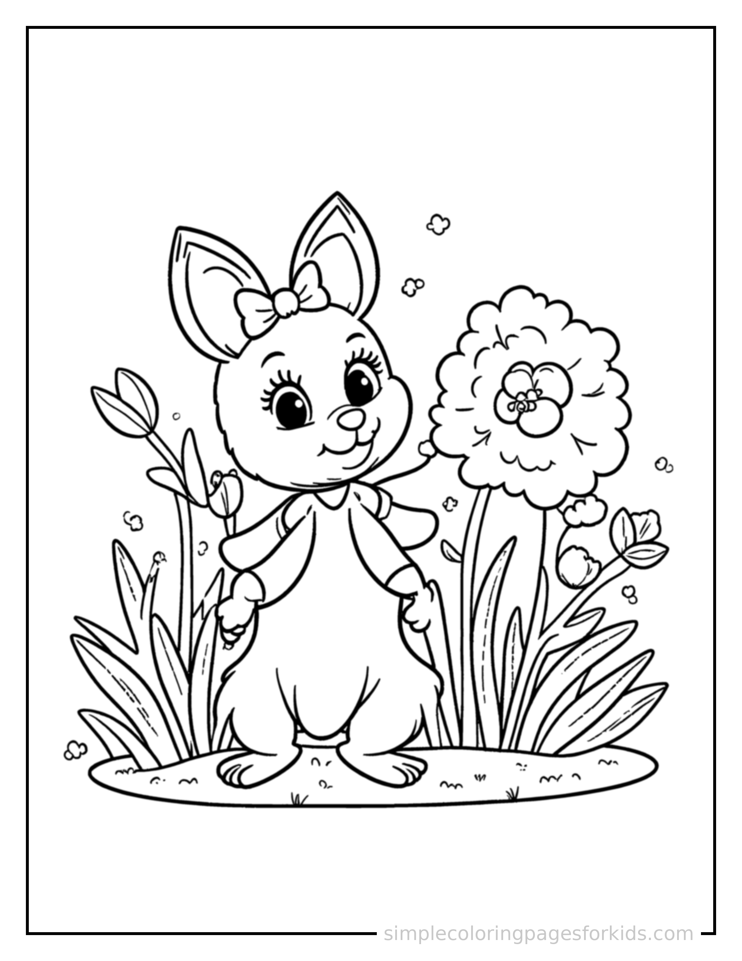 Free printable spring flower planting scene coloring page featuring a cute spring flower planting scene, decorated with a simple bow or ribbon for a festive touch.