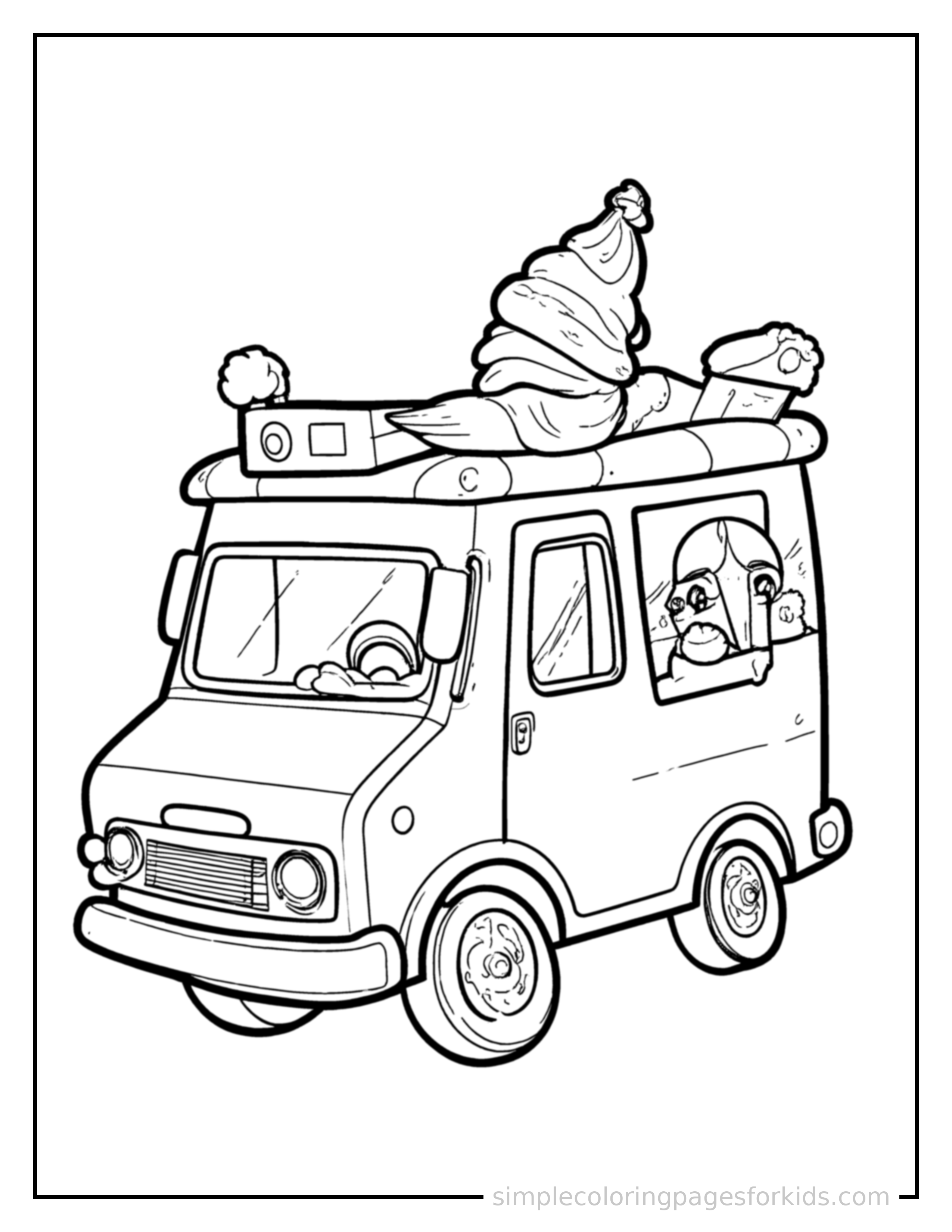 Free printable summer ice cream truck scene coloring page featuring a cute summer ice cream truck scene, shown as a simple central illustration with a cute smiling face.