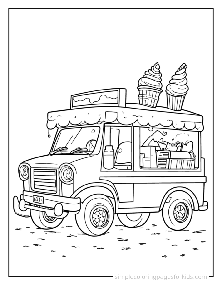Coloring Scene 3 Summer Ice Cream Truck Scene Coloring Page