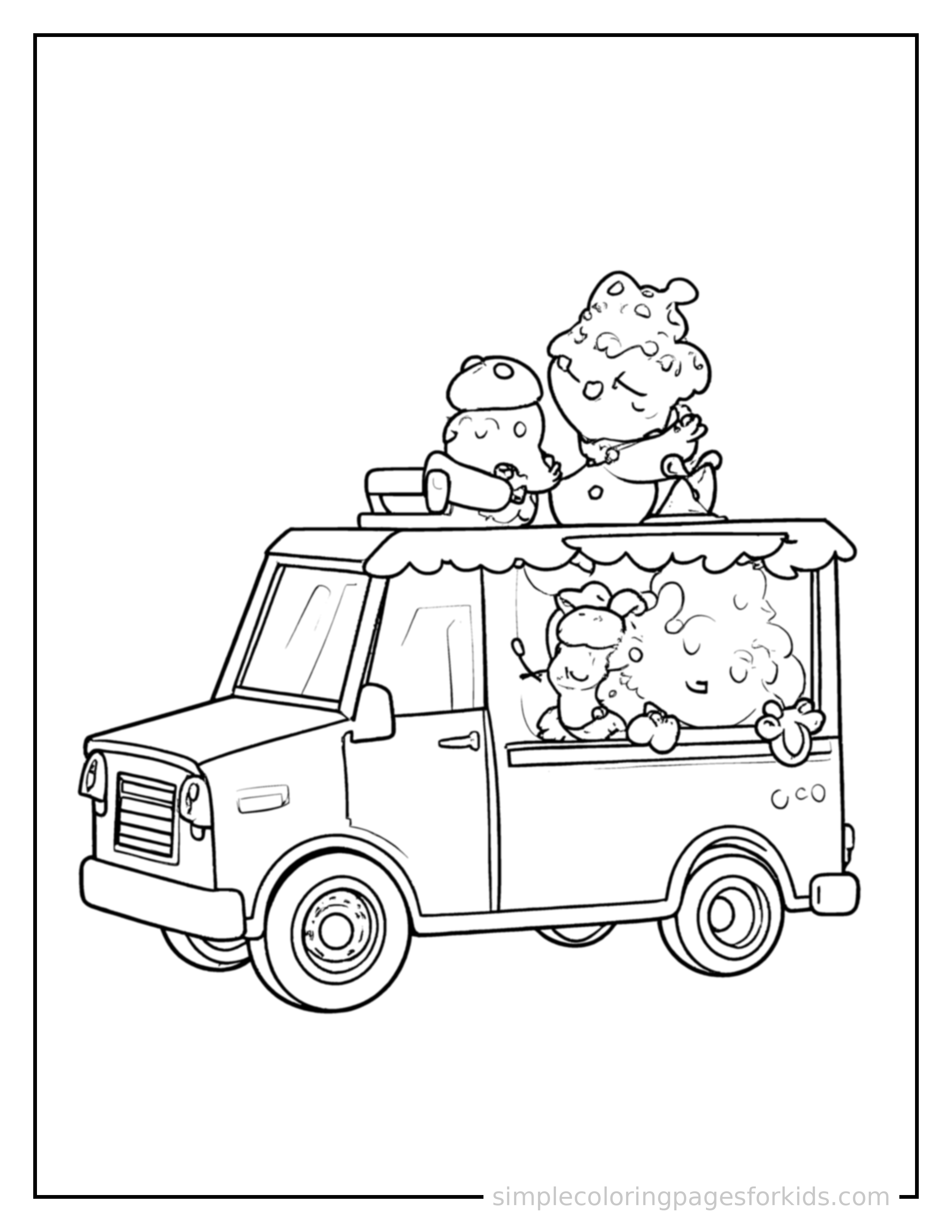 Free printable summer ice cream truck scene coloring page featuring a cute summer ice cream truck scene, decorated with a simple bow or ribbon for a festive touch.