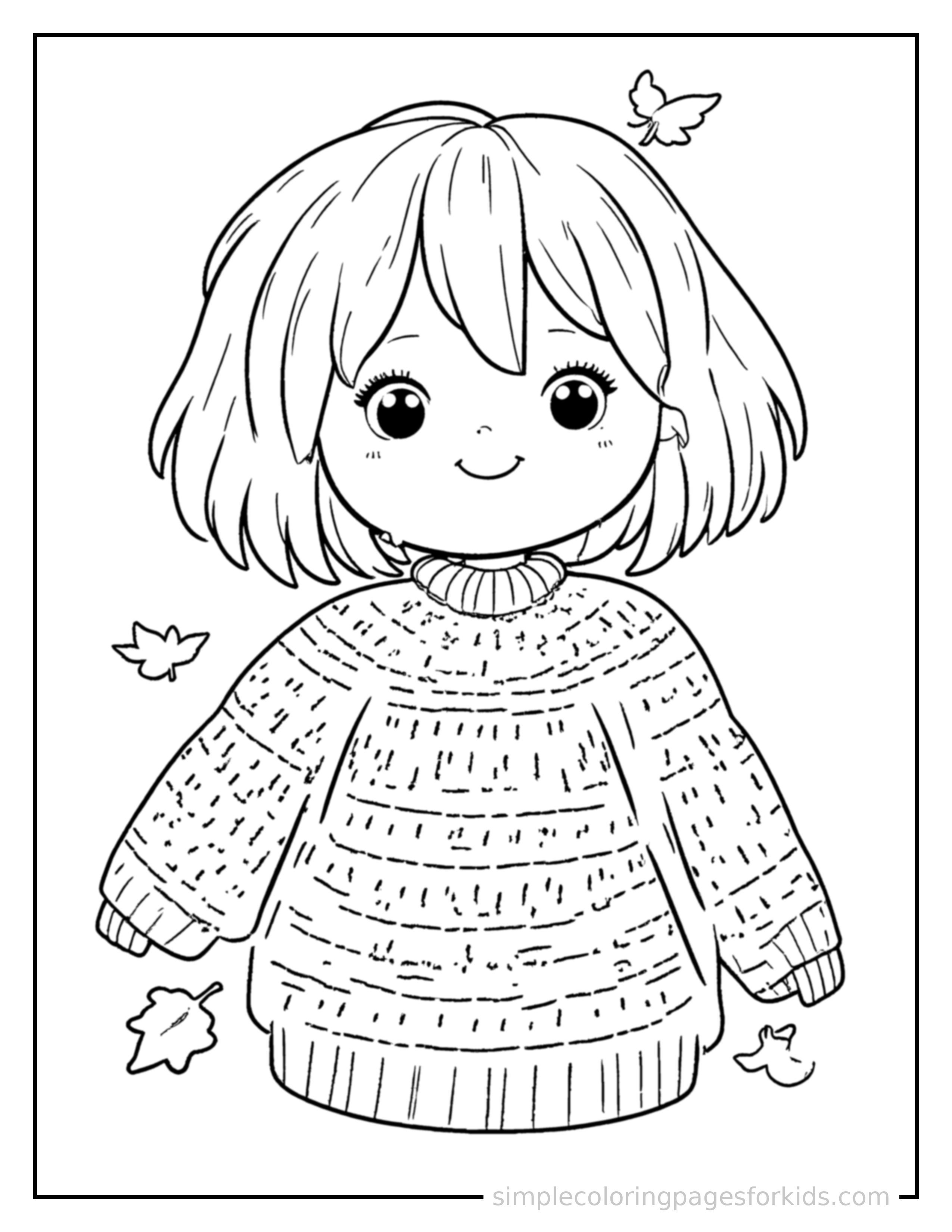 Free printable autumn sweater weather scene coloring page featuring a cute autumn sweater weather scene, shown as a simple central illustration with a cute smiling face.