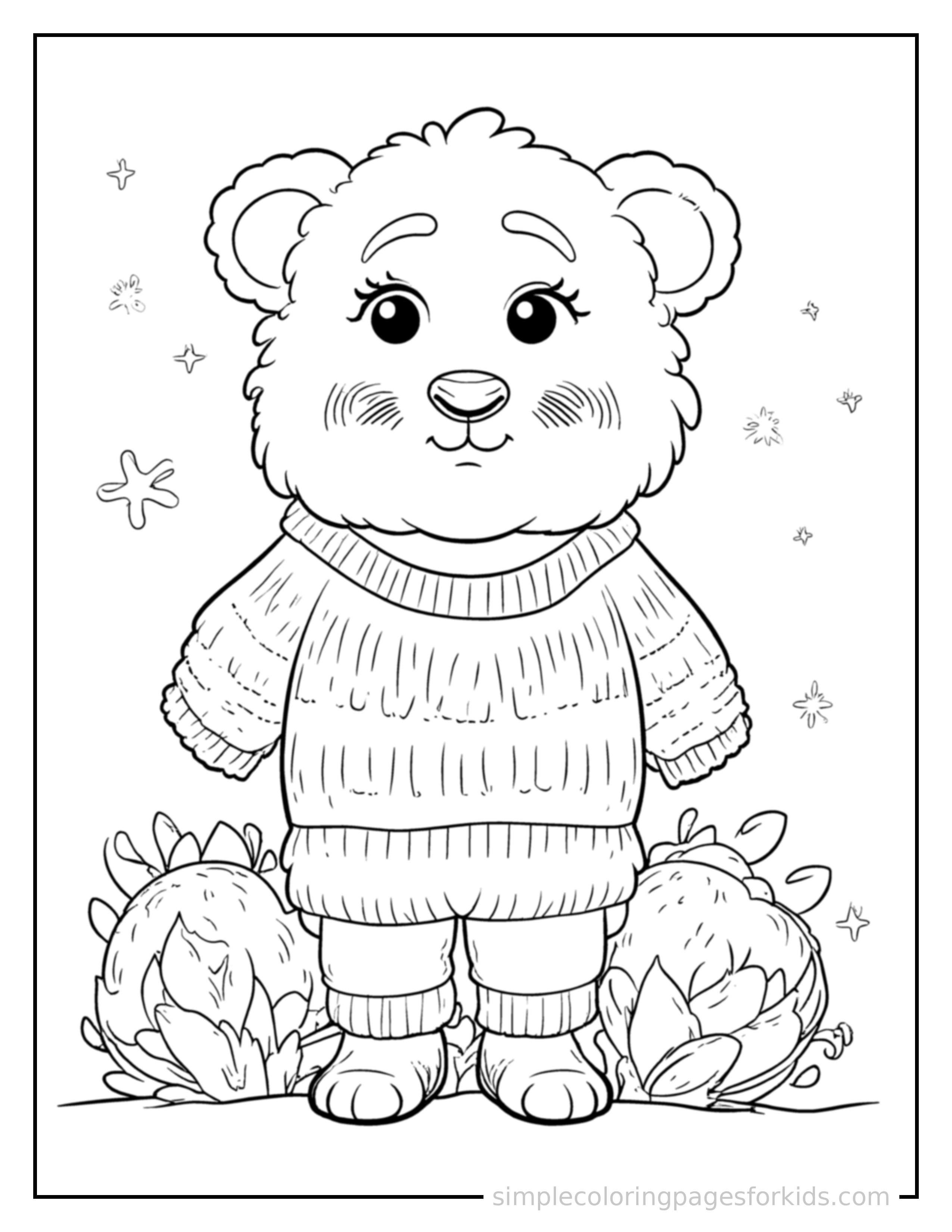 Free printable autumn sweater weather scene coloring page featuring a cute autumn sweater weather scene, shown from a slightly different angle with small decorative sparkle marks nearby.