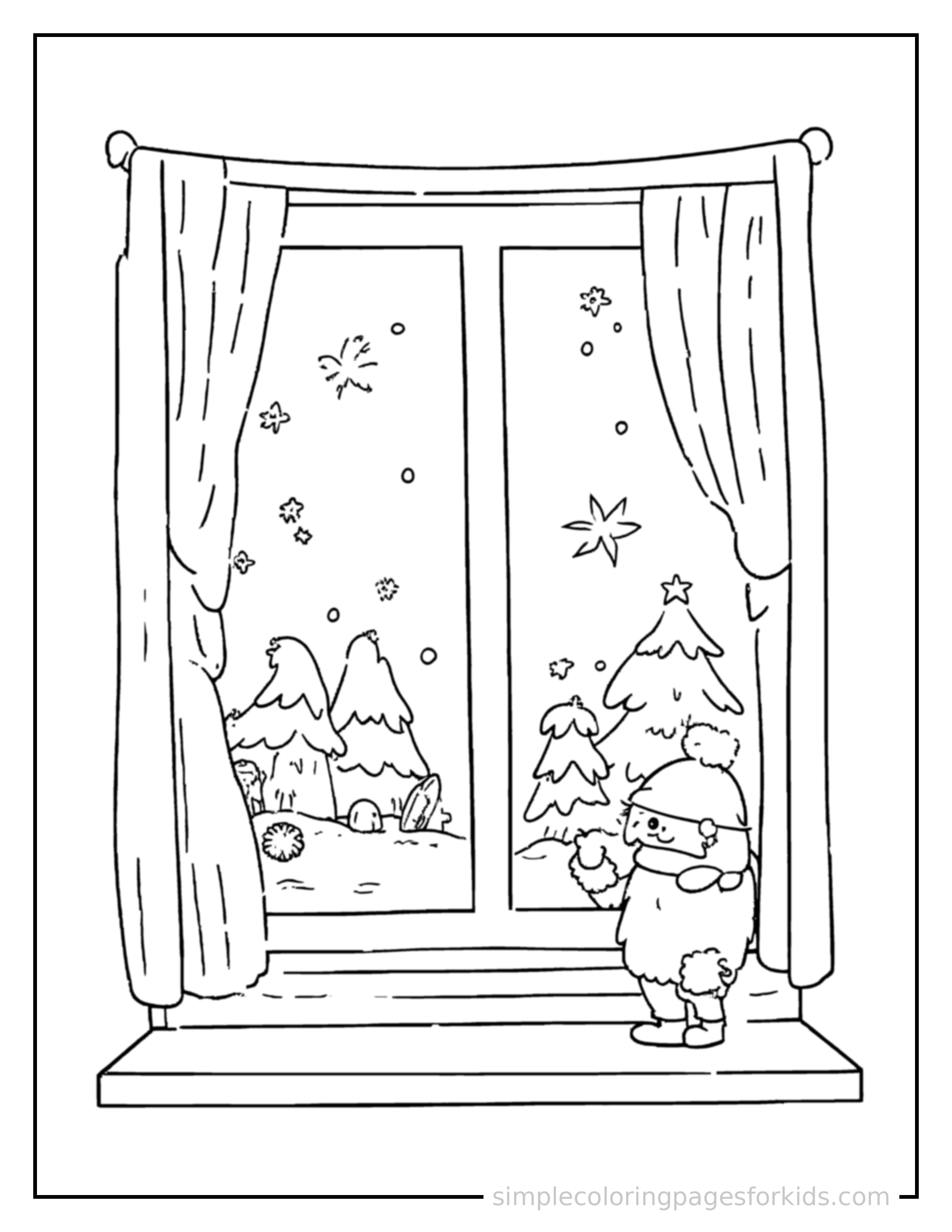 Free printable winter frosty window scene coloring page featuring a cute winter frosty window scene, shown from a slightly different angle with small decorative sparkle marks nearby.