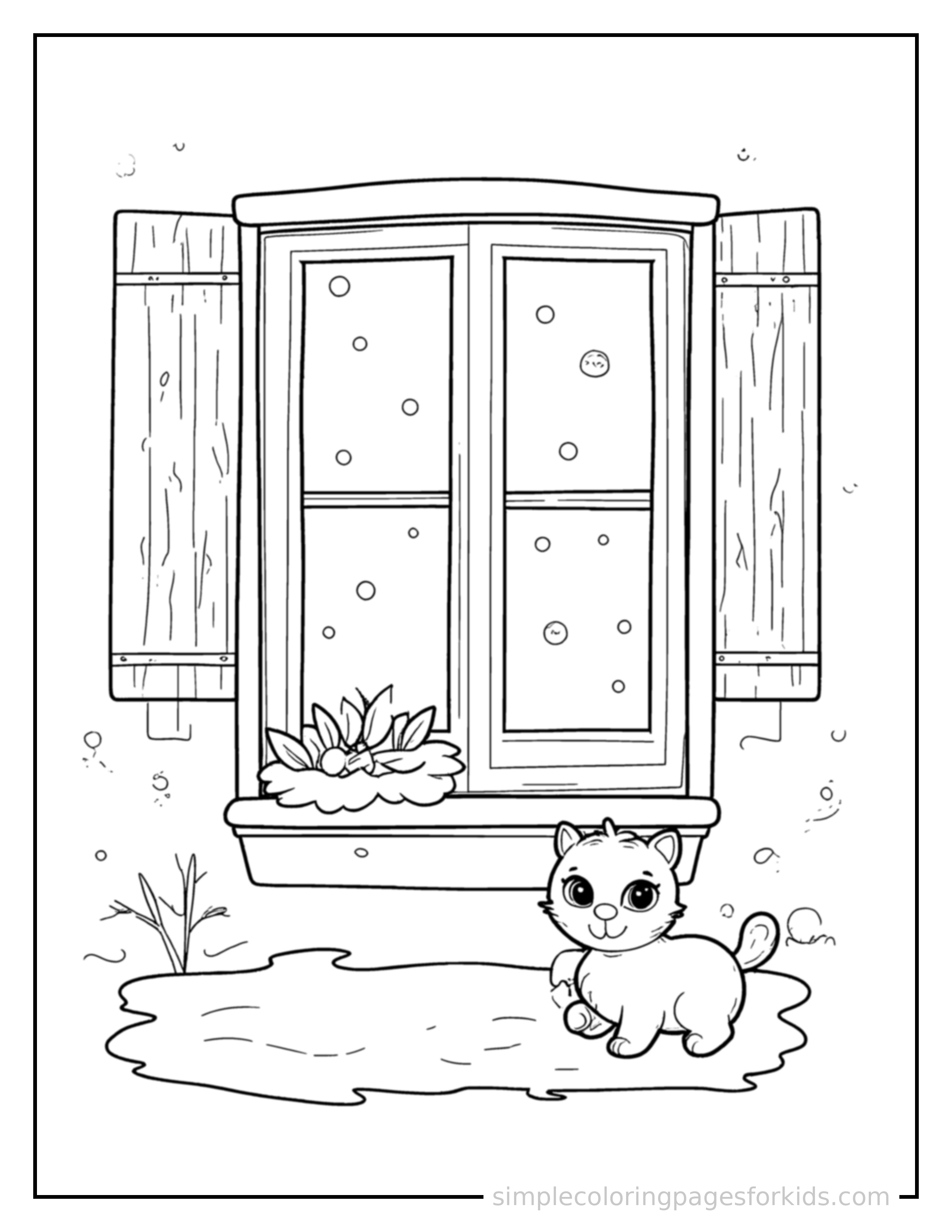 Free printable winter frosty window scene coloring page featuring a cute winter frosty window scene, shown with a smaller mini version of itself beside it.