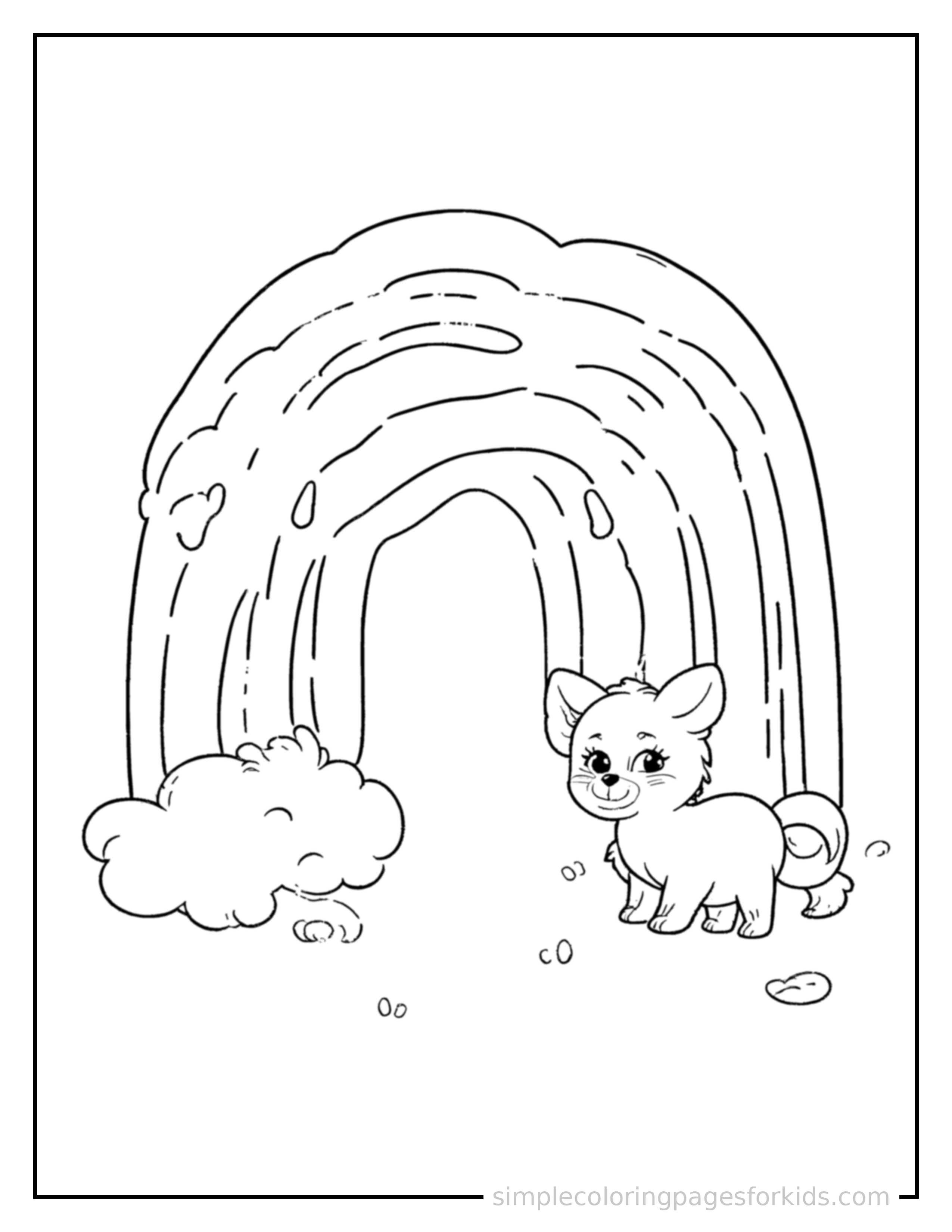 Free printable spring rainbow after rain coloring page featuring a cute spring rainbow after rain, shown with a smaller mini version of itself beside it.