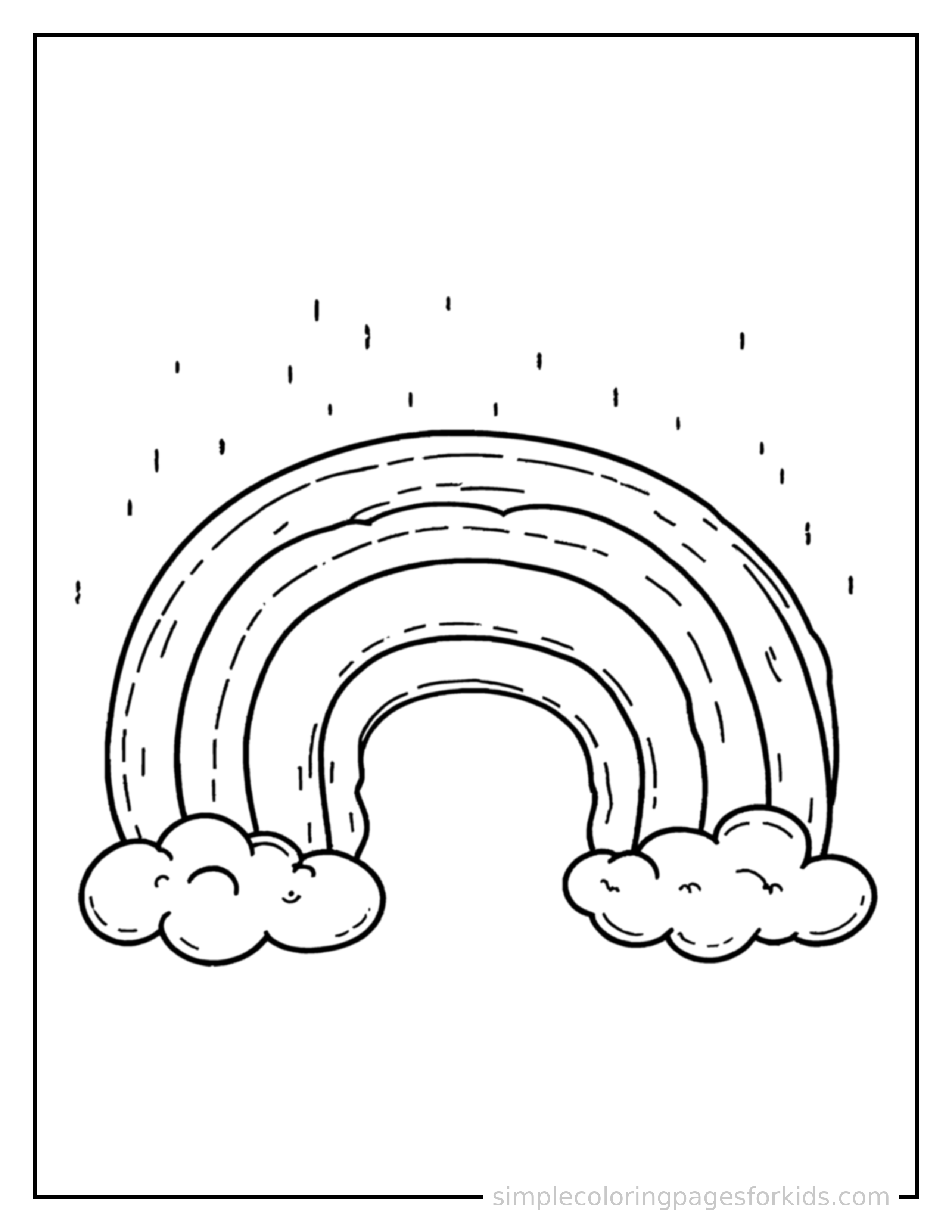 Free printable spring rainbow after rain coloring page featuring a cute spring rainbow after rain, decorated with a simple bow or ribbon for a festive touch.