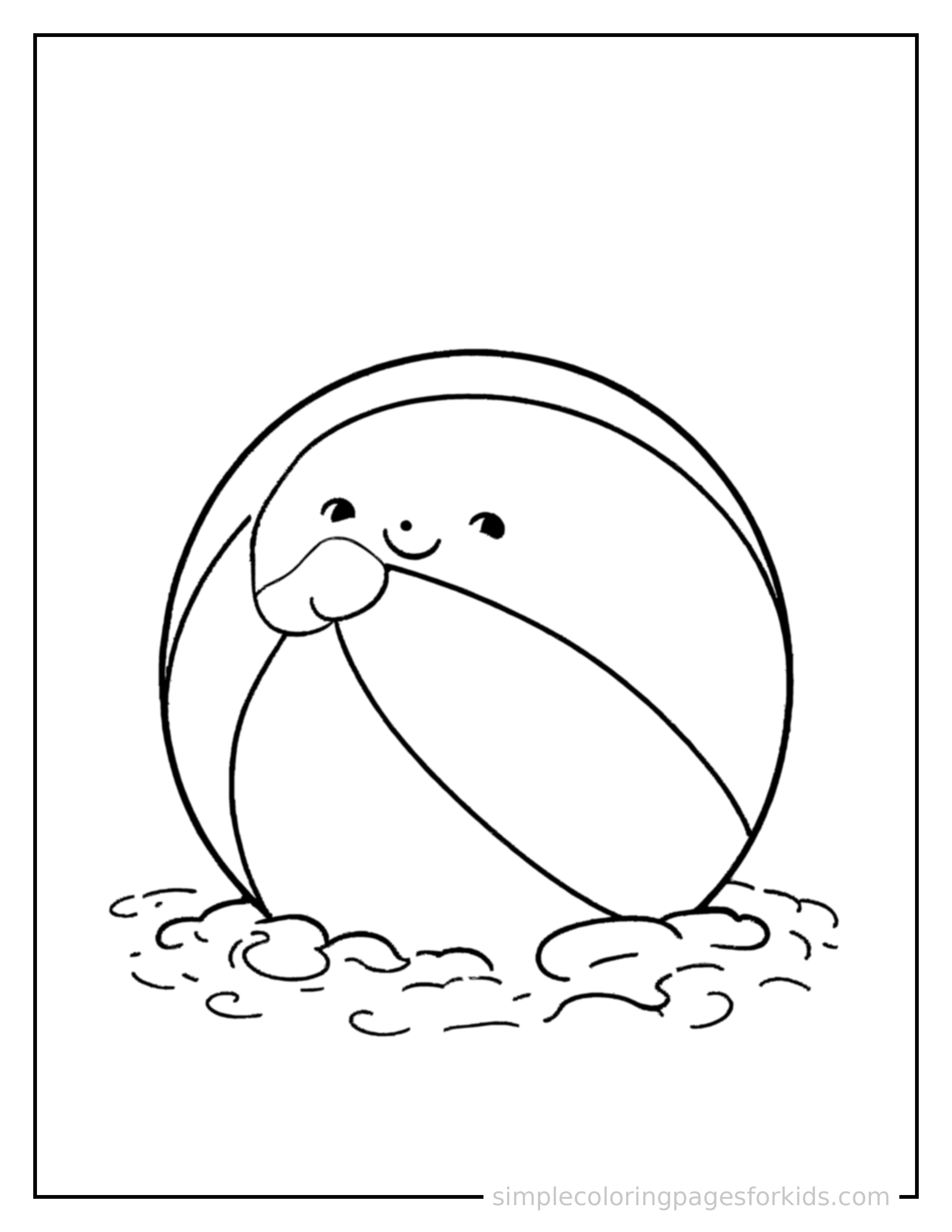 Free printable summer beach ball on the sand coloring page featuring a cute summer beach ball on the sand, shown as a simple central illustration with a cute smiling face.