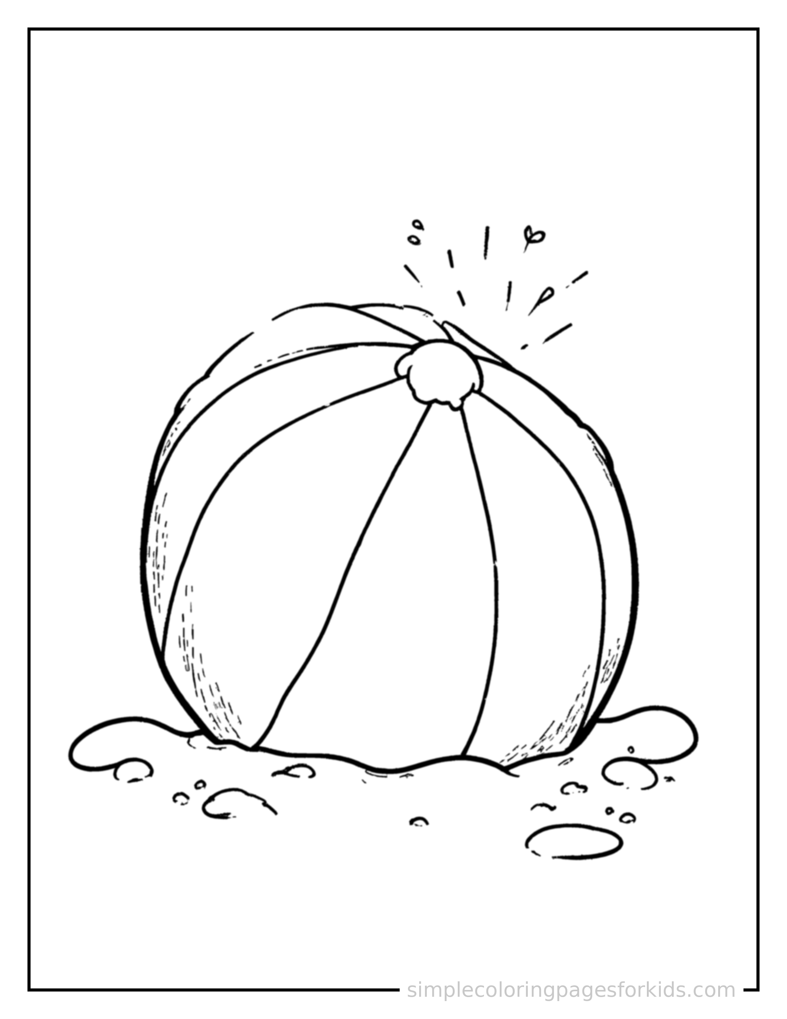 Free printable summer beach ball on the sand coloring page featuring a cute summer beach ball on the sand, shown from a slightly different angle with small decorative sparkle marks nearby.