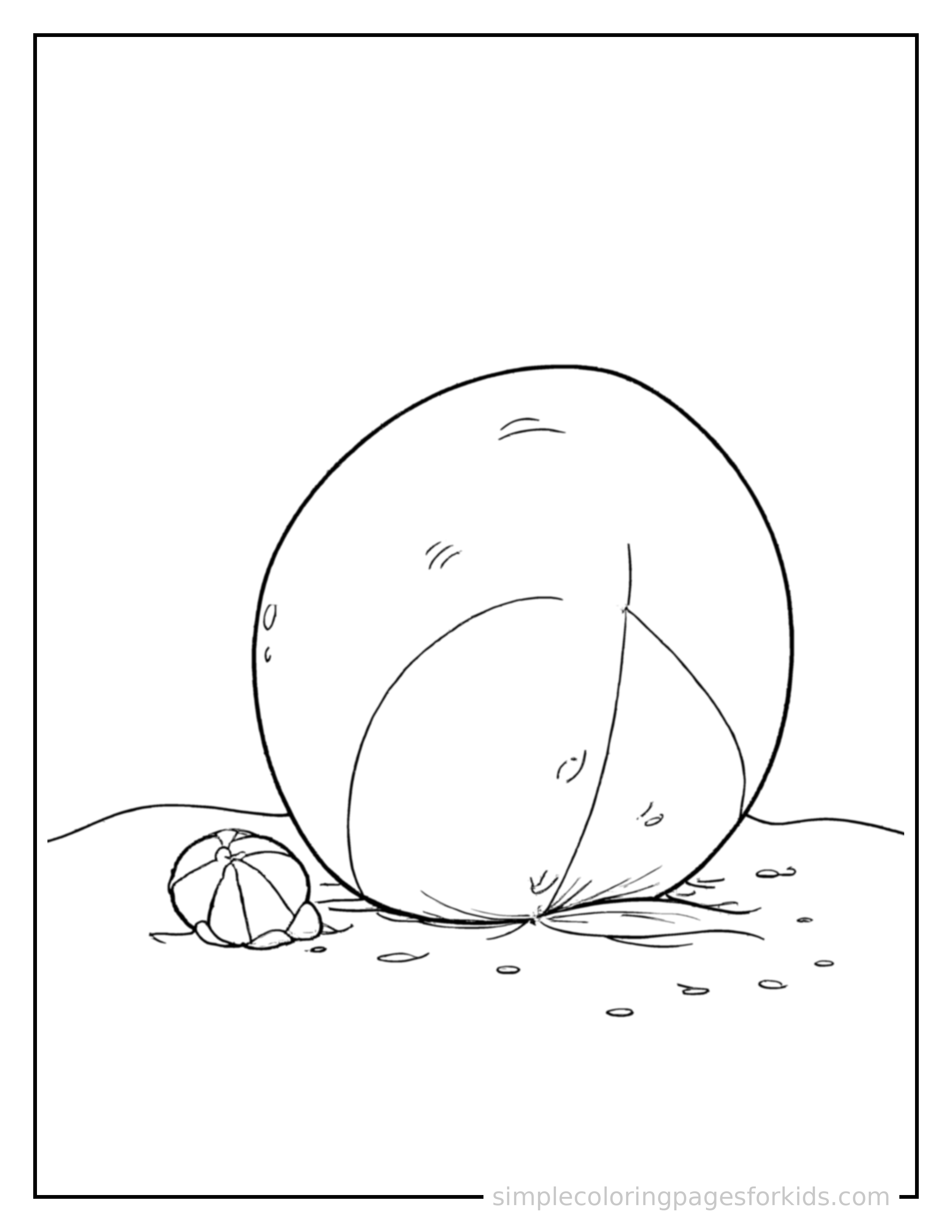 Free printable summer beach ball on the sand coloring page featuring a cute summer beach ball on the sand, shown with a smaller mini version of itself beside it.