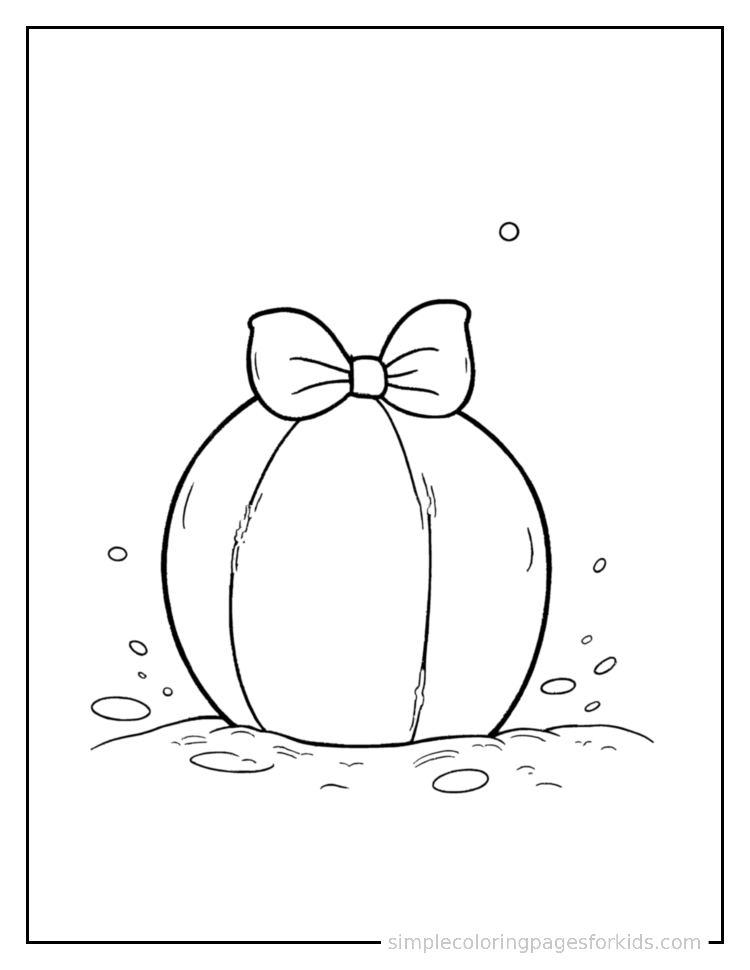 Free printable summer beach ball on the sand coloring page featuring a cute summer beach ball on the sand, decorated with a simple bow or ribbon for a festive touch.