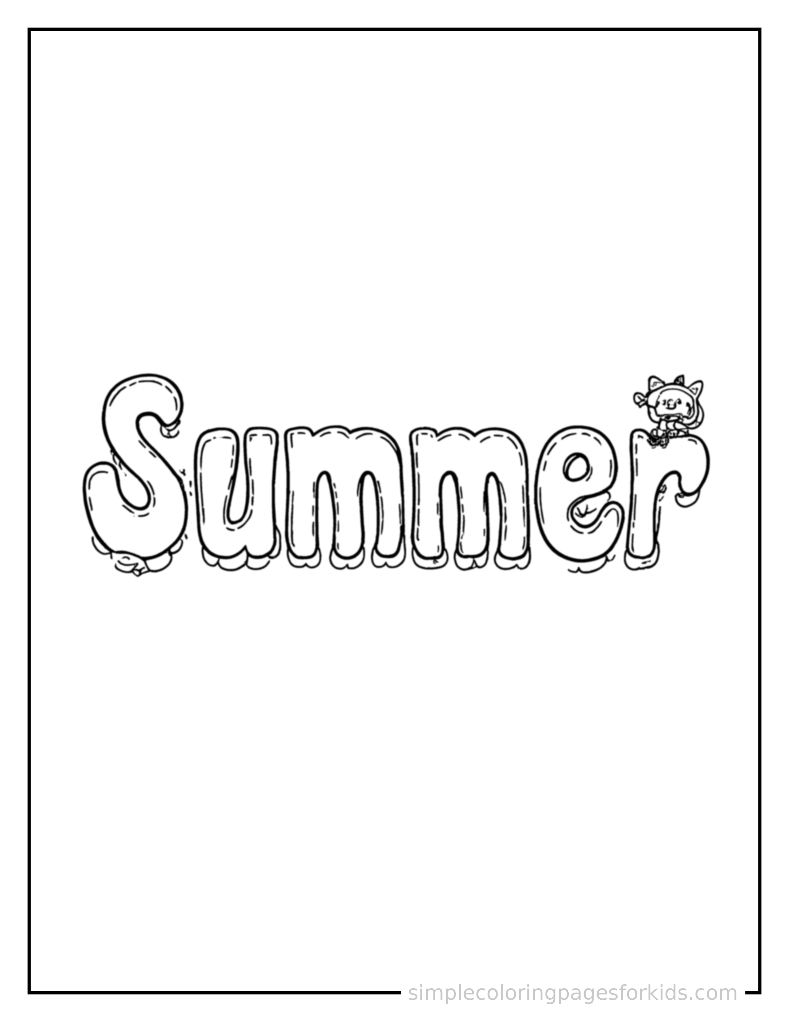 Free printable seasons coloring page featuring the word 'Summer' written in giant bold bubble letters, filling most of the page, with a small cute icon representing that season beside it.