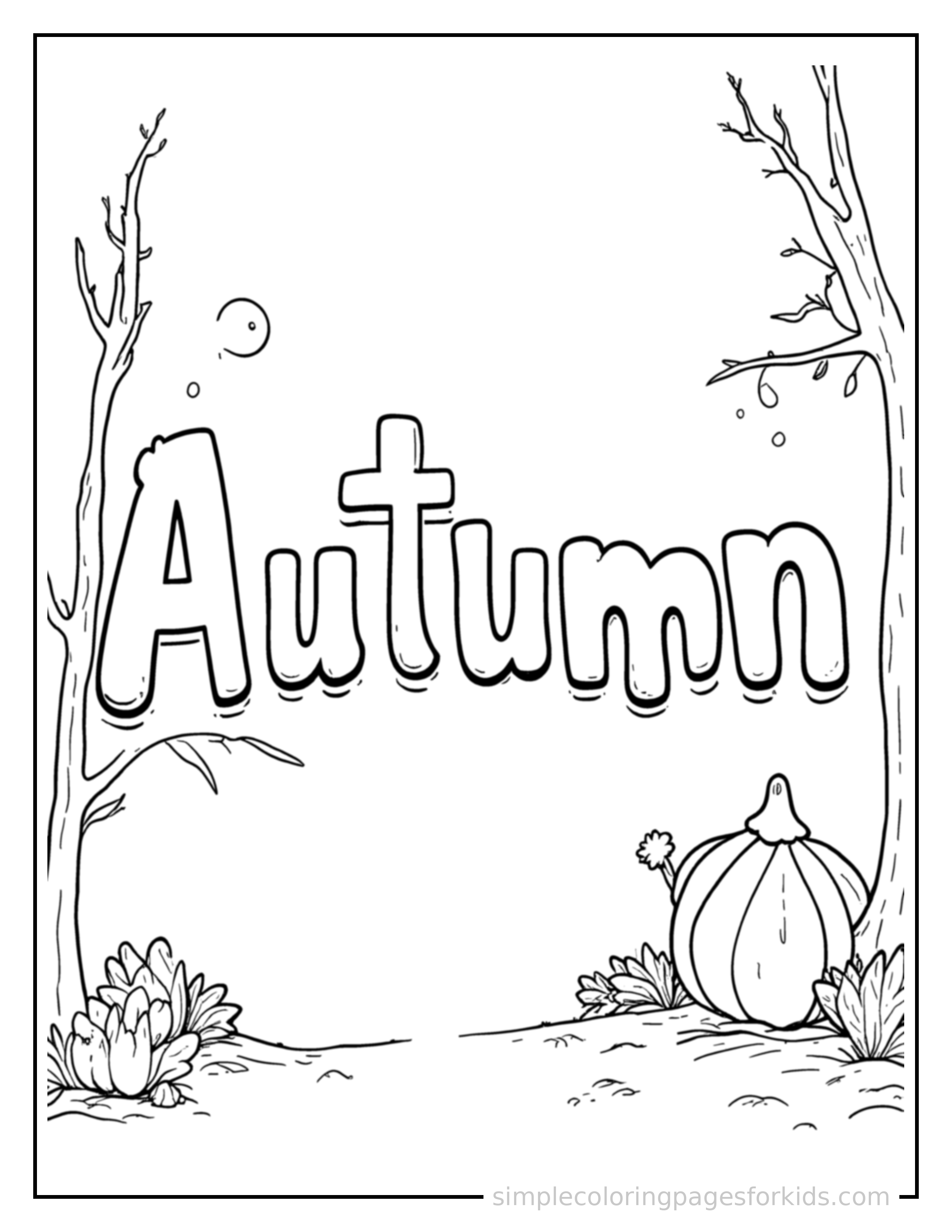 Free printable seasons coloring page featuring the word 'Autumn' written in giant bold bubble letters, filling most of the page, with a small cute icon representing that season beside it.
